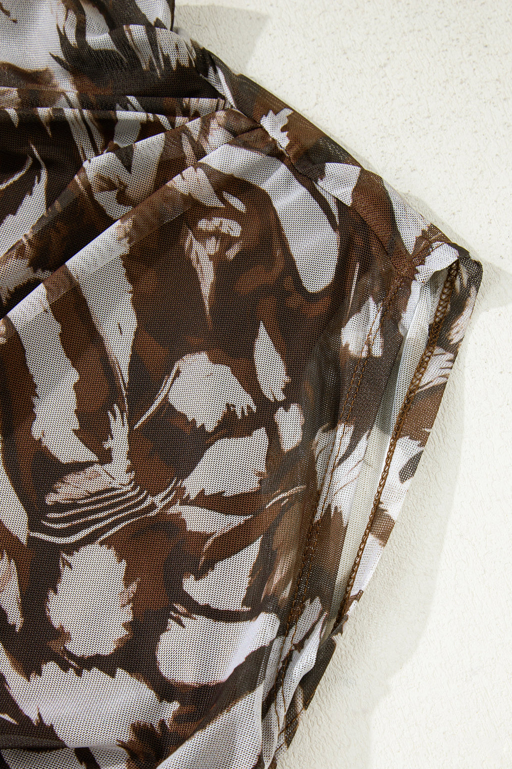 Brown Abstract Print Mesh Cowl Neck Ruched Midi Dress with Slit S-XL