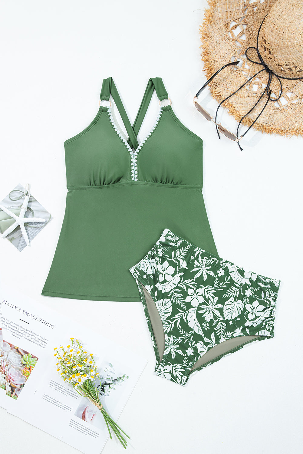 Four Leaf Clover V Neck Tankini & Contrast Print Swim Shorts Set | UK 8–26