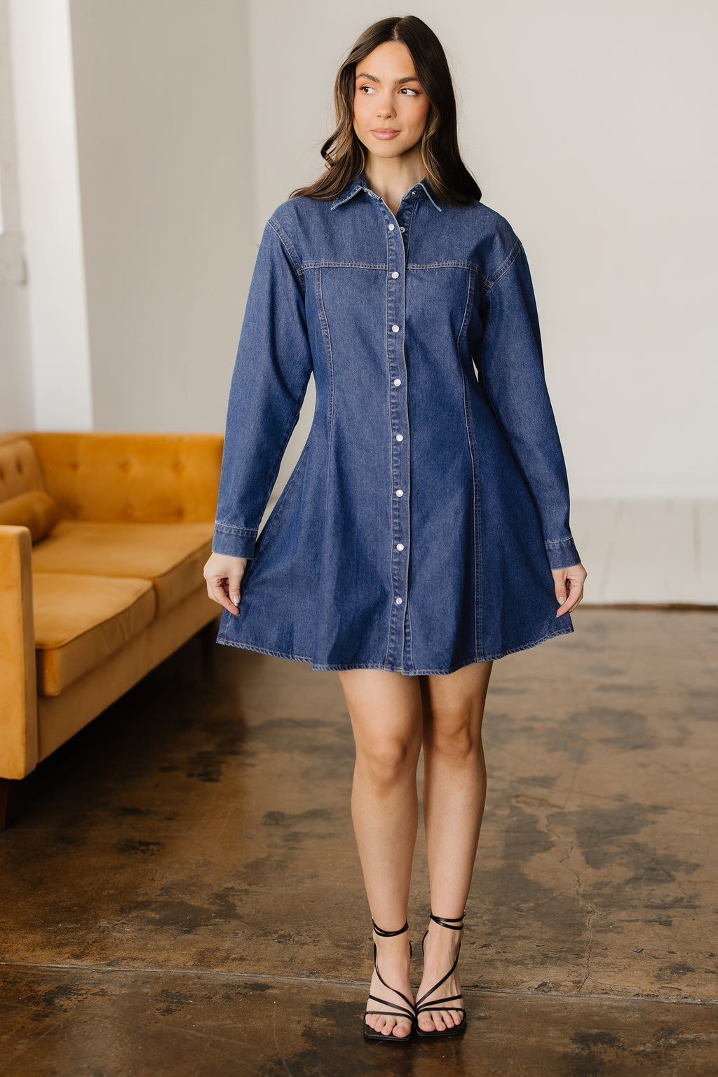 Blue Denim Shirt Collar Long Sleeve Flared Mini Dress | UK 8-22