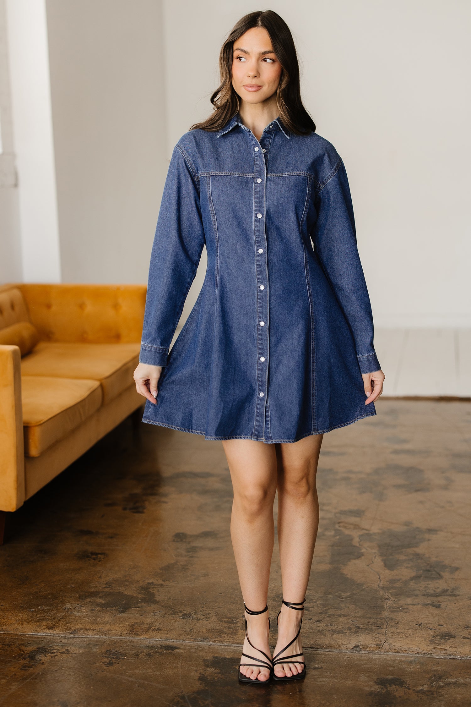 Blue Denim Shirt Collar Long Sleeve Flared Mini Dress | UK 8-22