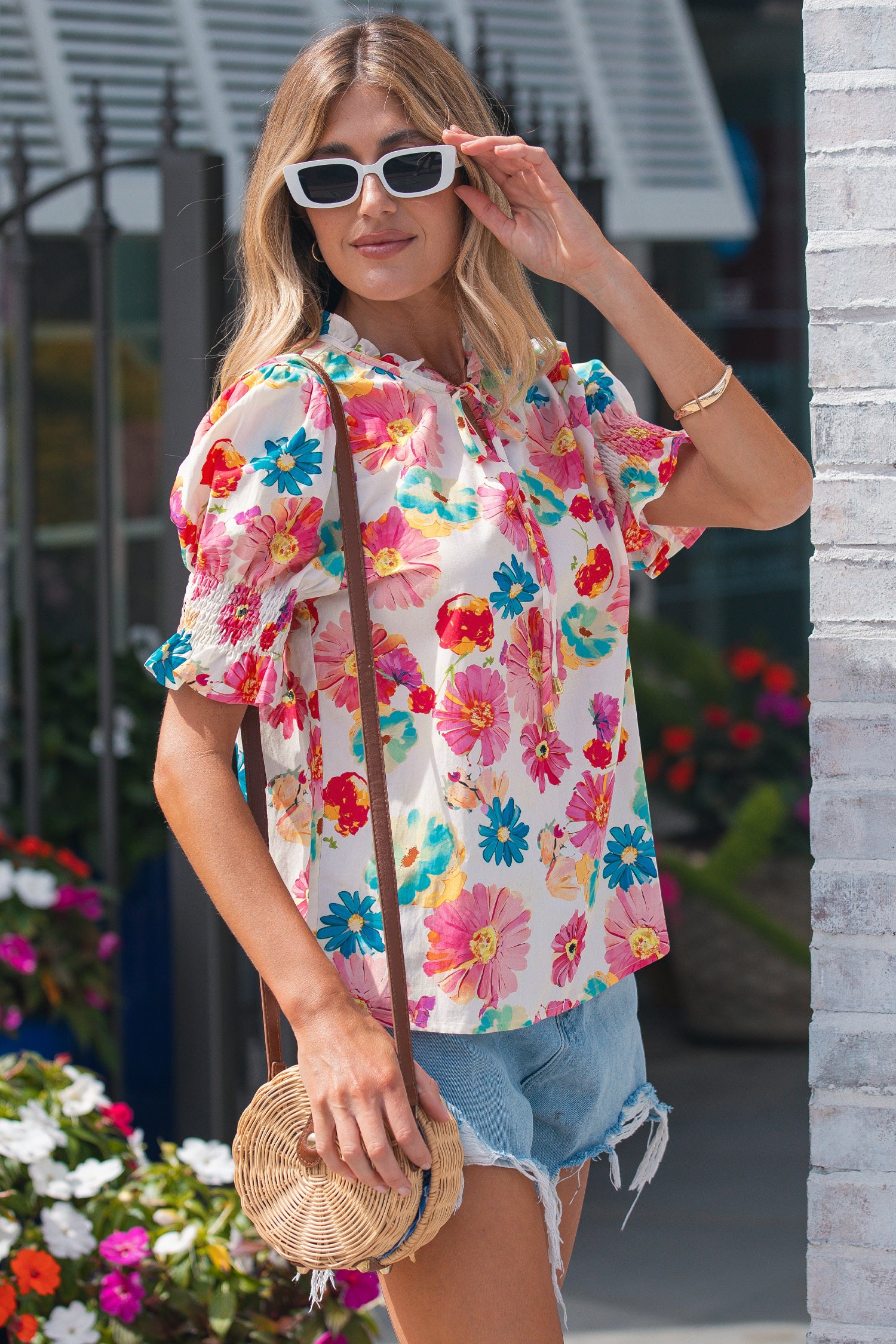 Beige Floral Blouse Tie V Neck Short Puff Sleeve Summer Women S-XL