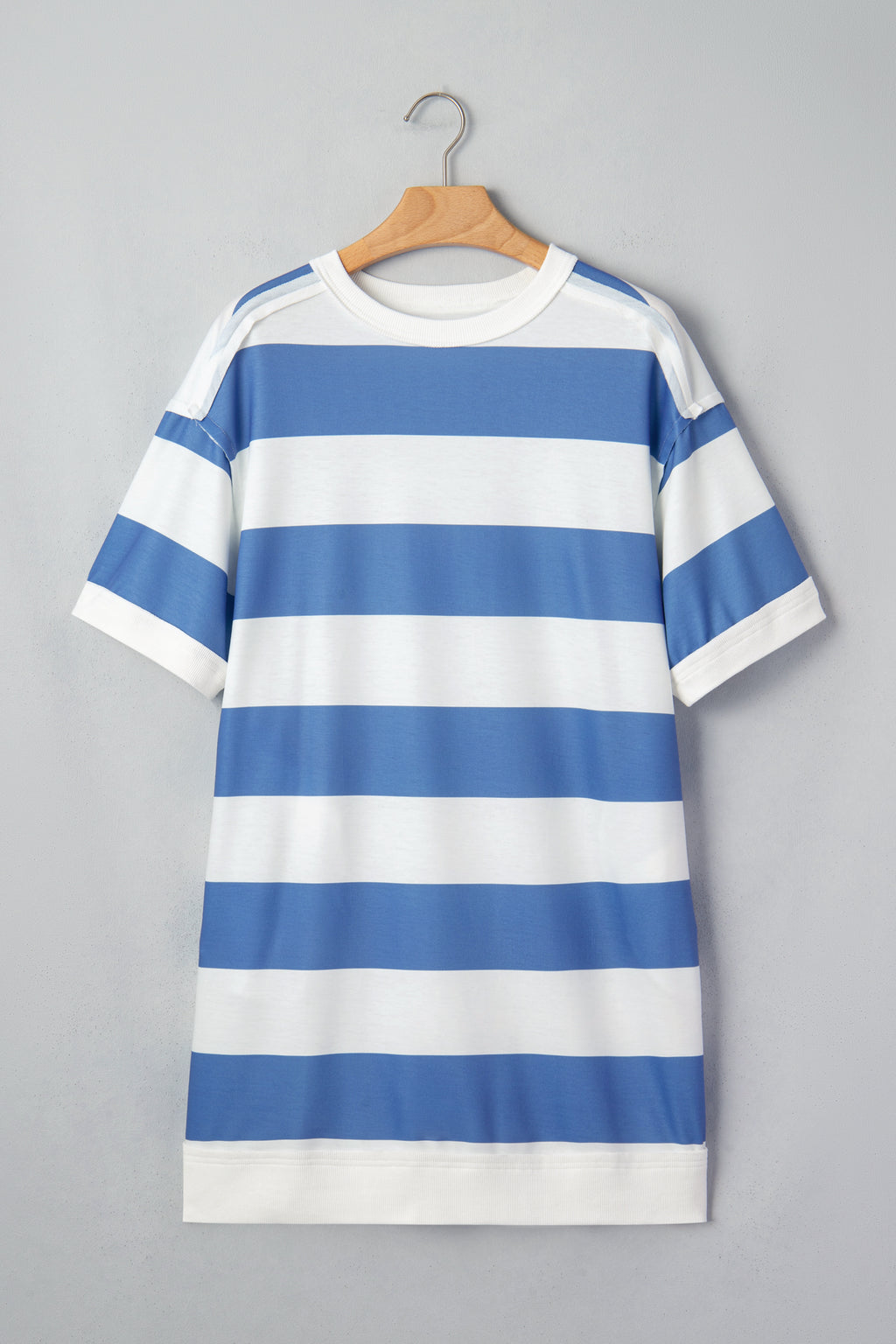 Women's Blue Stripe Raw Seam Shoulder Casual T-Shirt Mini Dress Short Sleeve S-XL at LivelyLooks