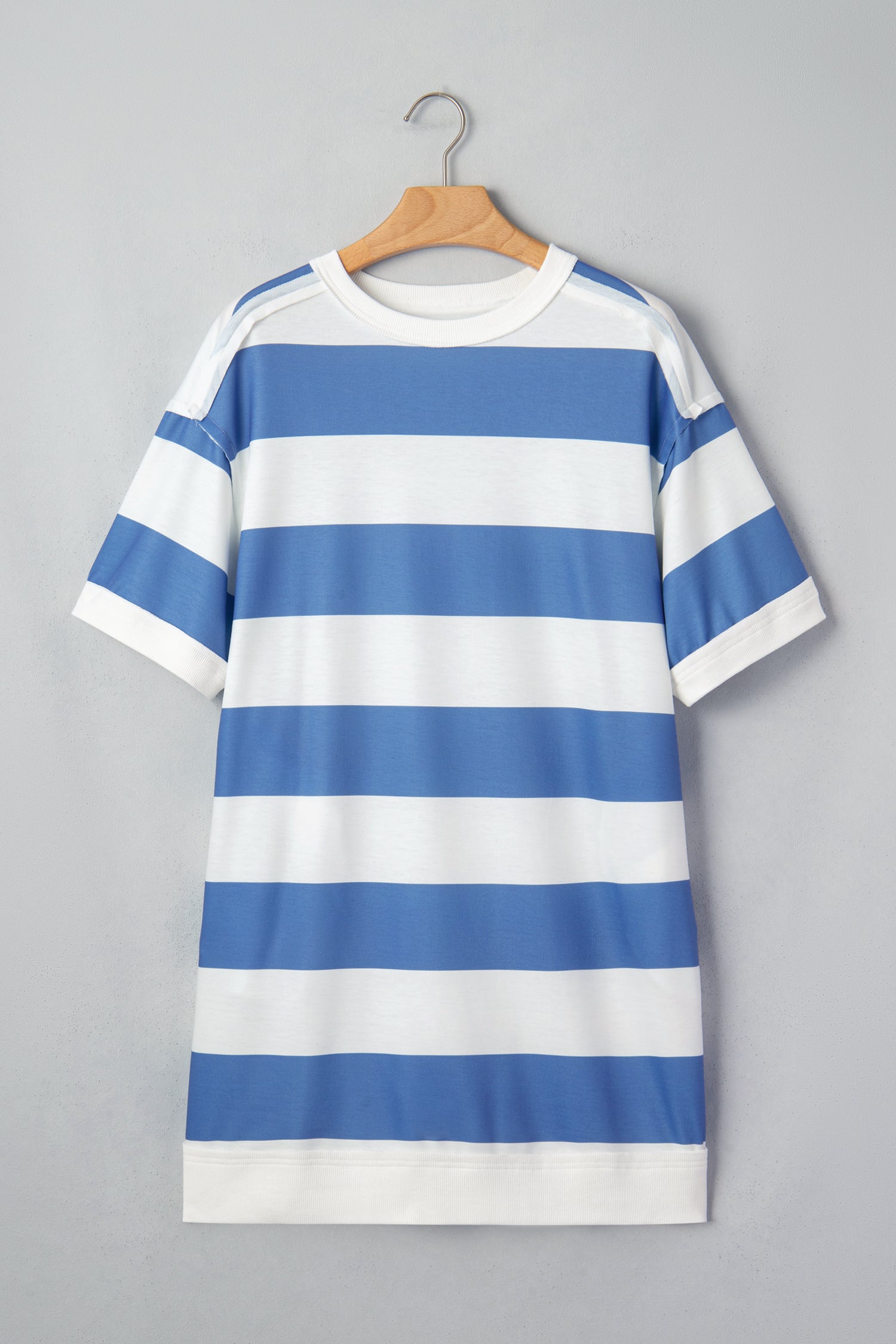 Women's Blue Stripe Raw Seam Shoulder Casual T-Shirt Mini Dress Short Sleeve S-XL at LivelyLooks