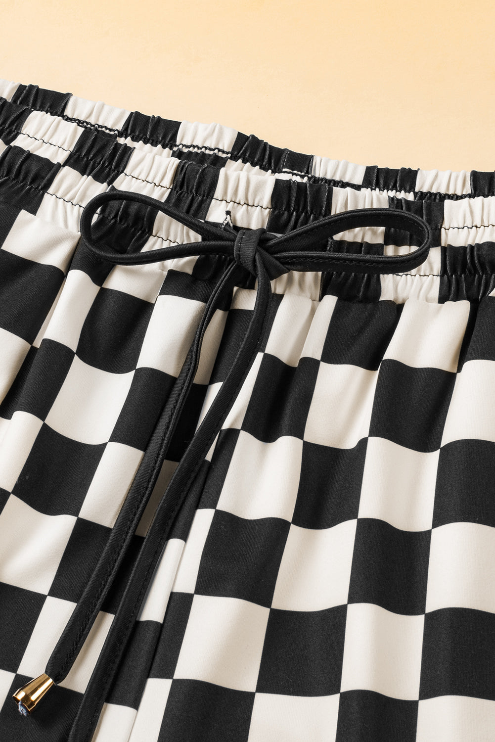 Black Checkered Casual Shorts Drawstring Elastic Waist Women S-2XL
