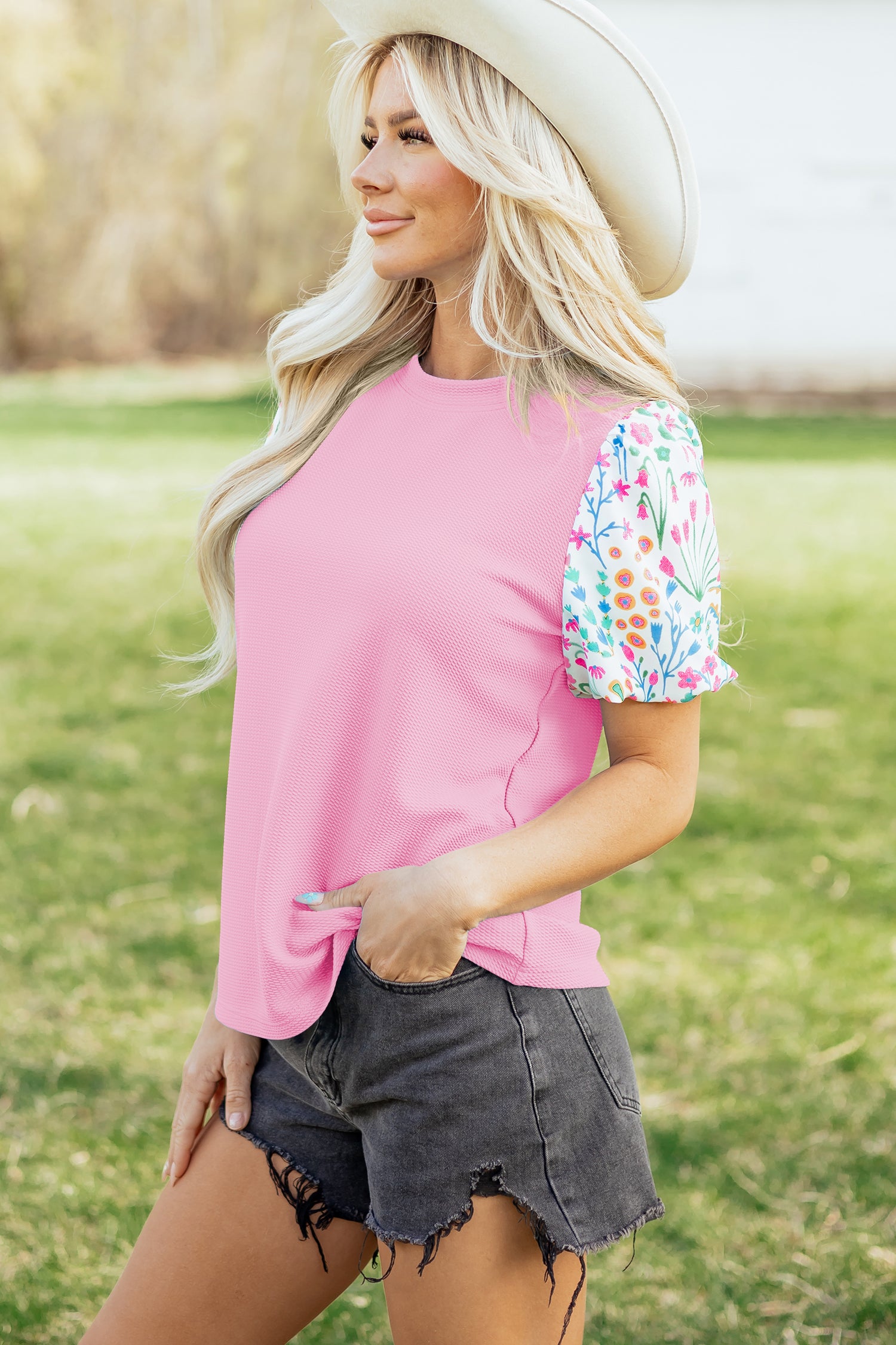 Pink Floral Bubble Sleeve Textured Contrast Round Neck Blouse