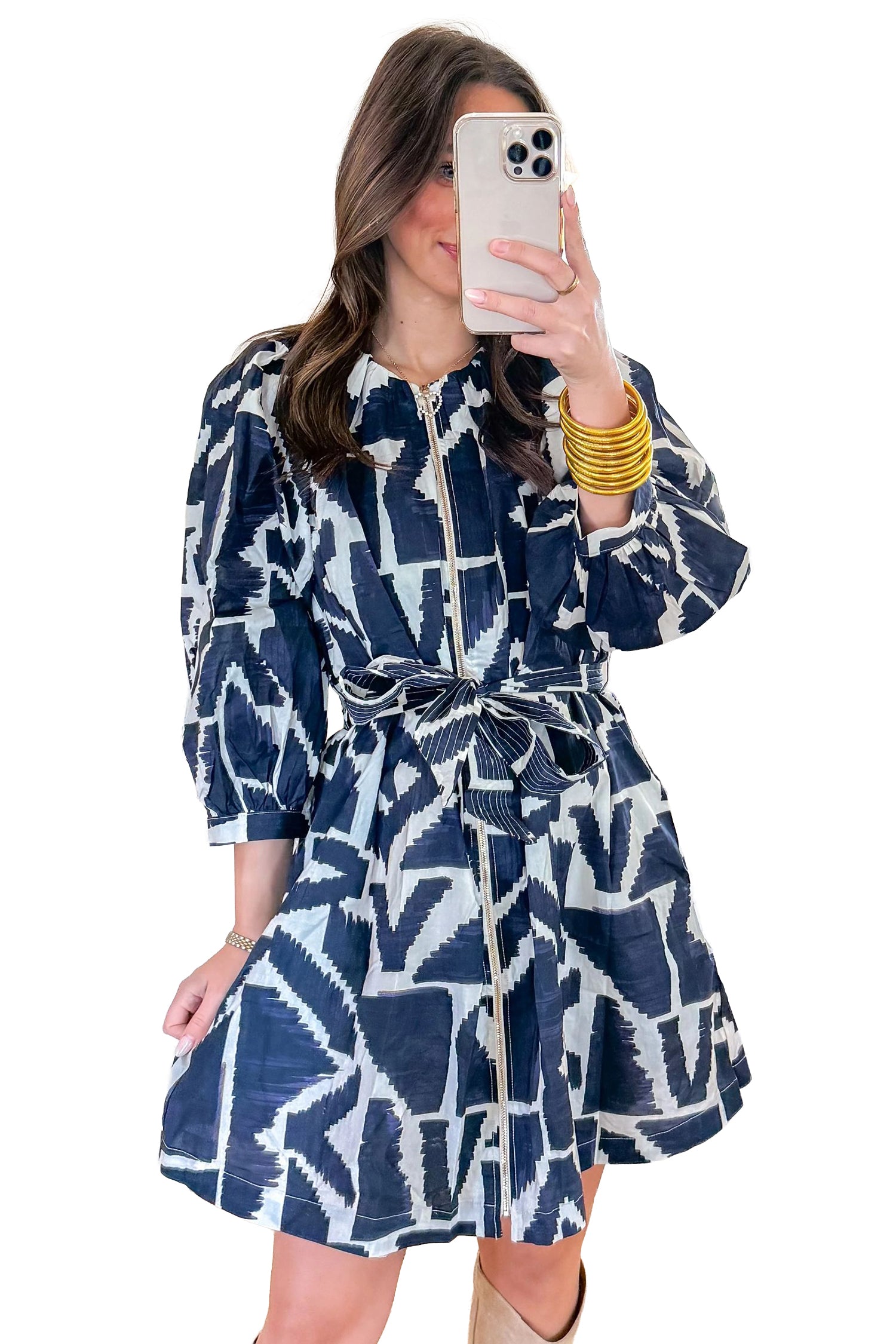 Blue Abstract Geometric Print Zip Front Tie Waist Shift Dress S-XL