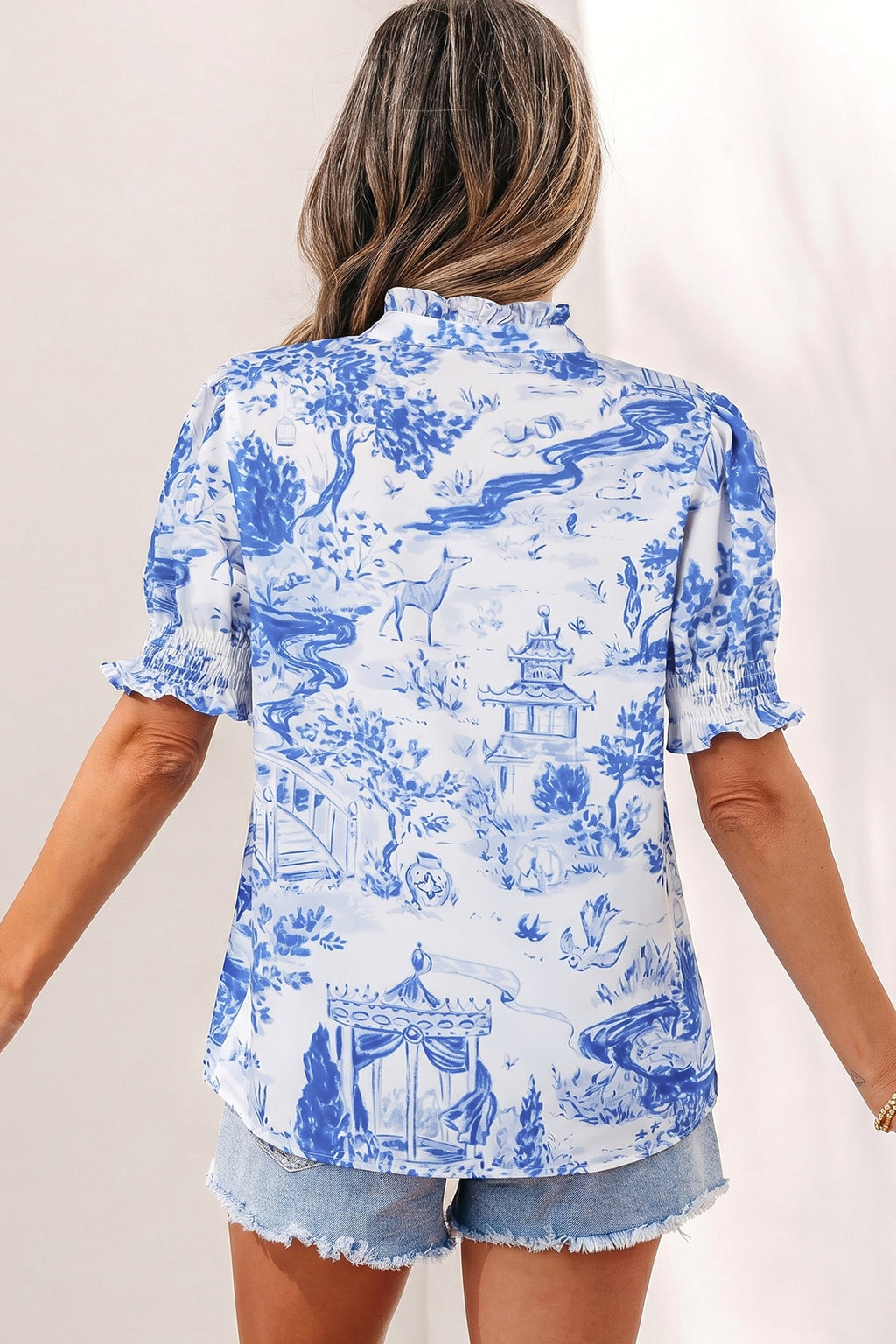 Blue Wild Animal Print Blouse Striped Detail V Neck Short Sleeve Women S-XL