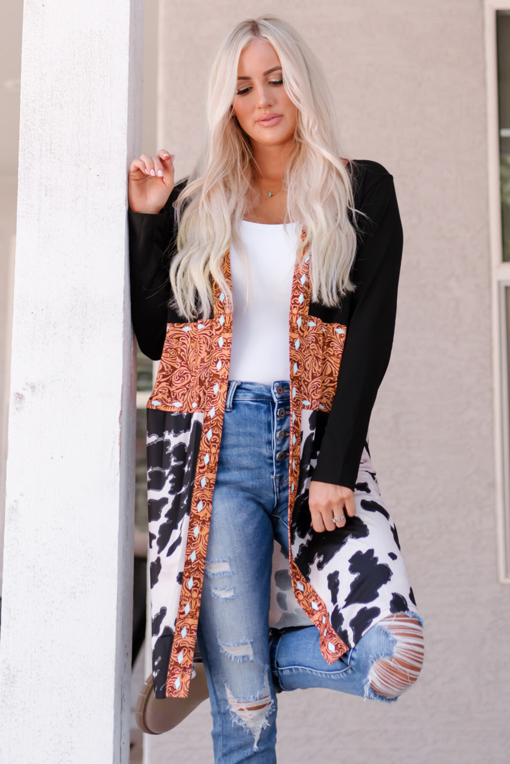 Shop Black Western Pattern Cow Patchwork Open Front Cardigan Knitwear Aztec Jumper Coat at LivelyLooks
