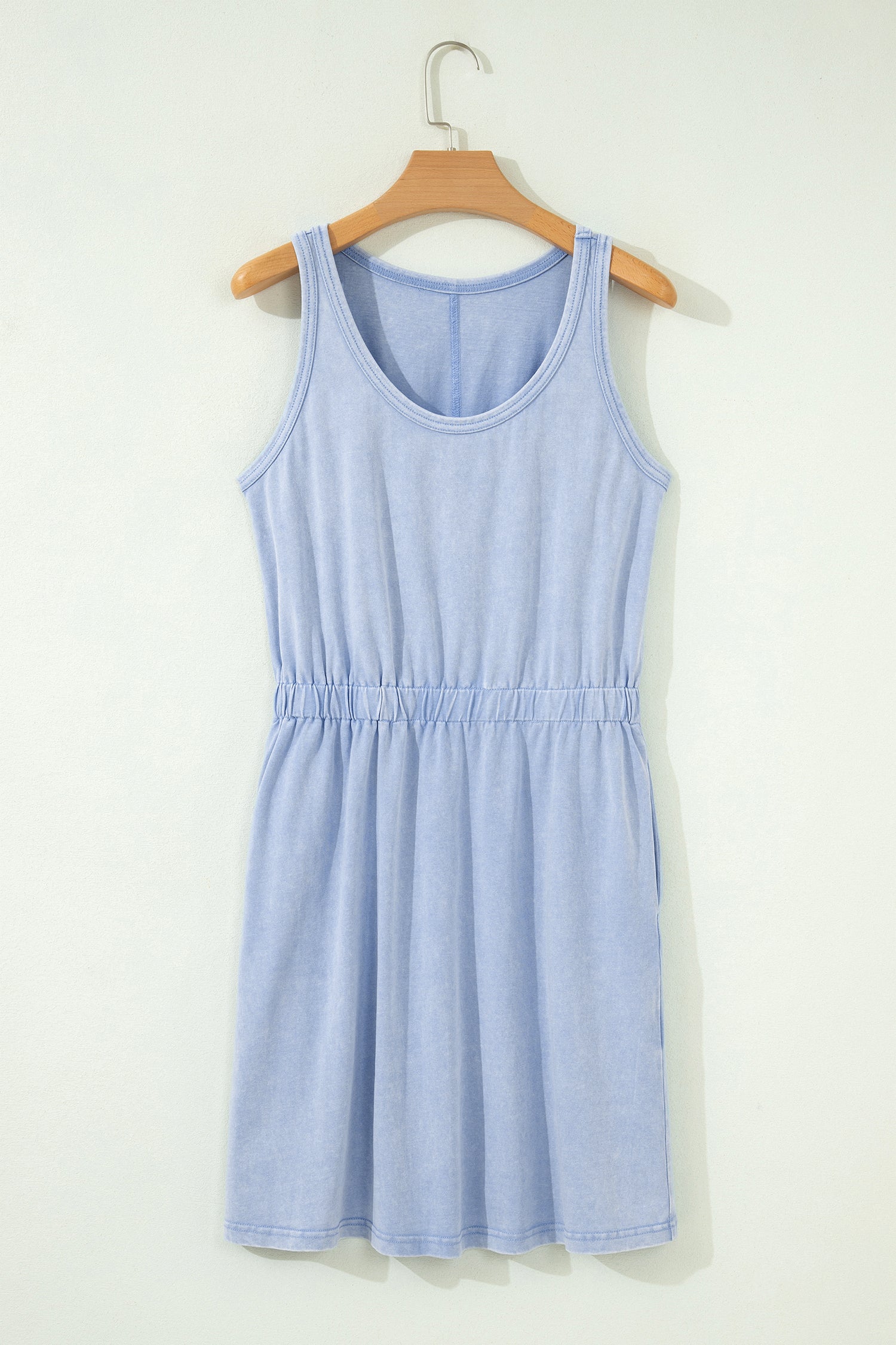 Smoke Grey & Dark Blue Mineral Wash U Neck Elastic Waist Sleeveless Mini Dress S-XL