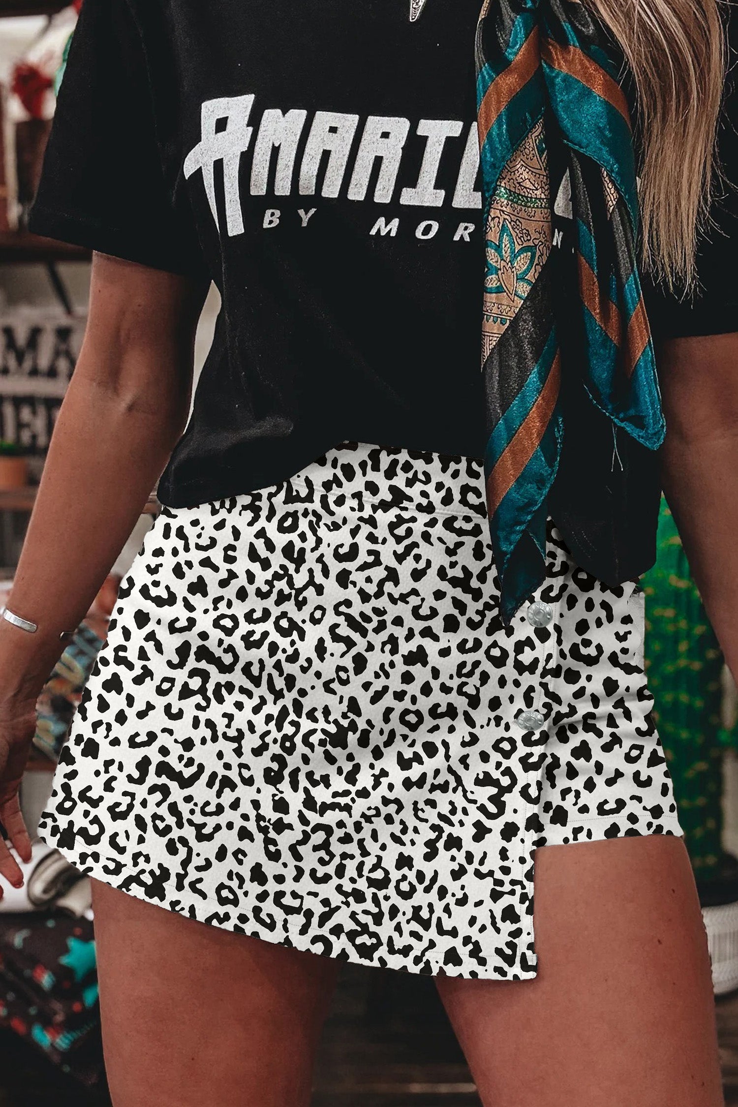 Leopard Print Button Overlap Denim Shorts | Brown