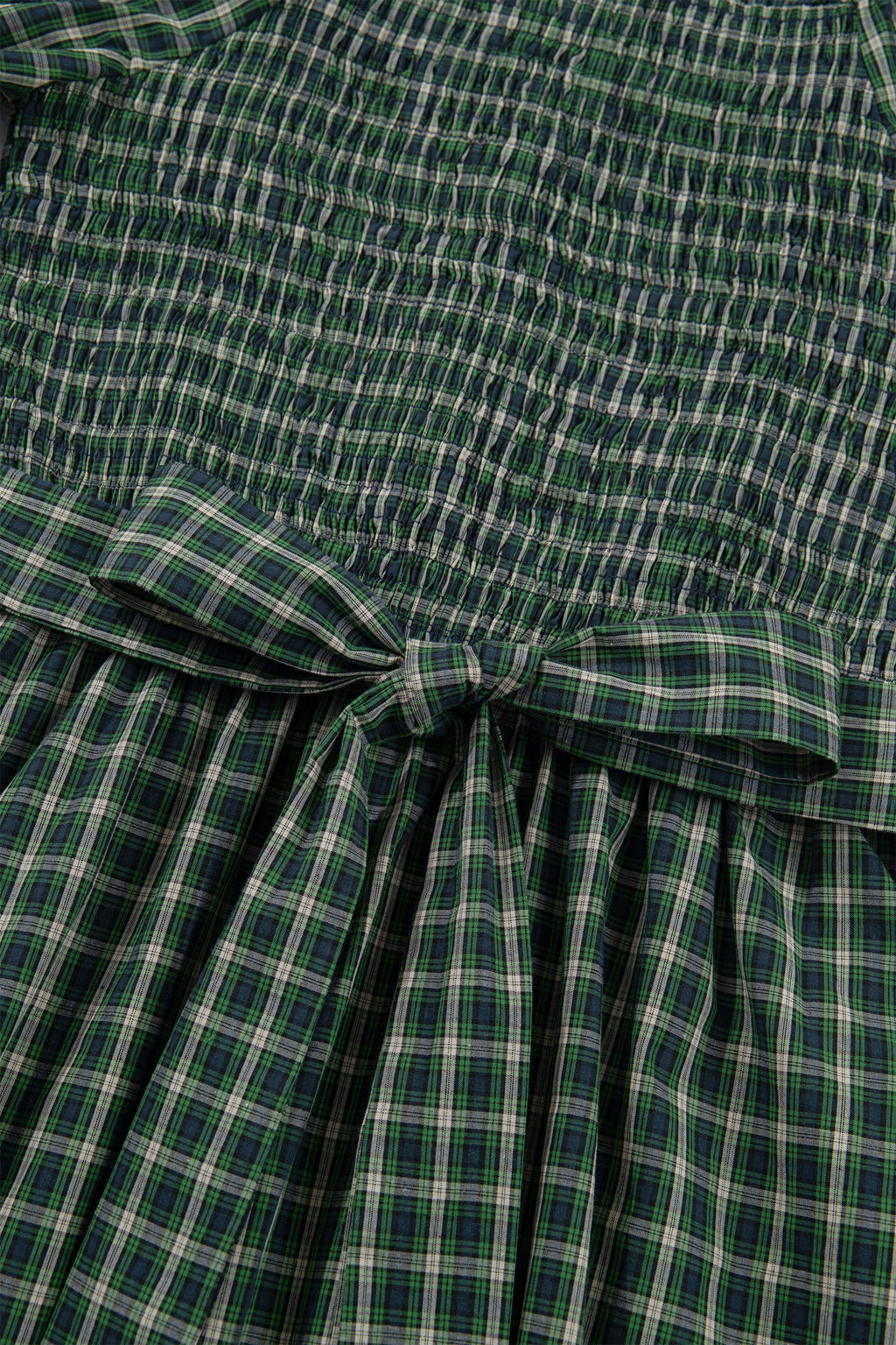 Green Plaid Square Neck Shirred Ruffle Hem Mini Dress S-XL