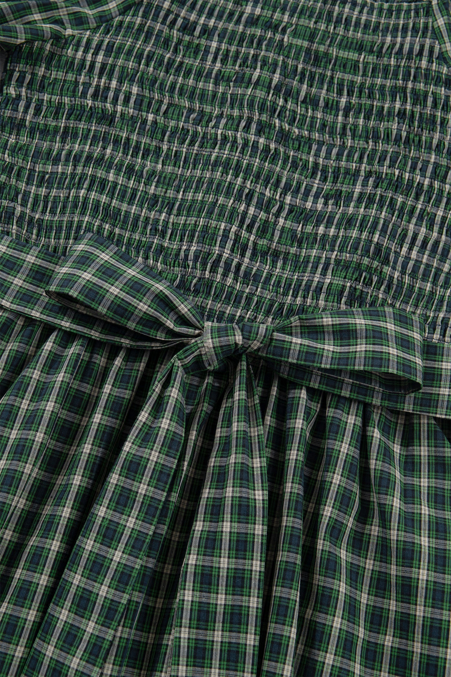 Green Plaid Square Neck Shirred Ruffle Hem Mini Dress S-XL