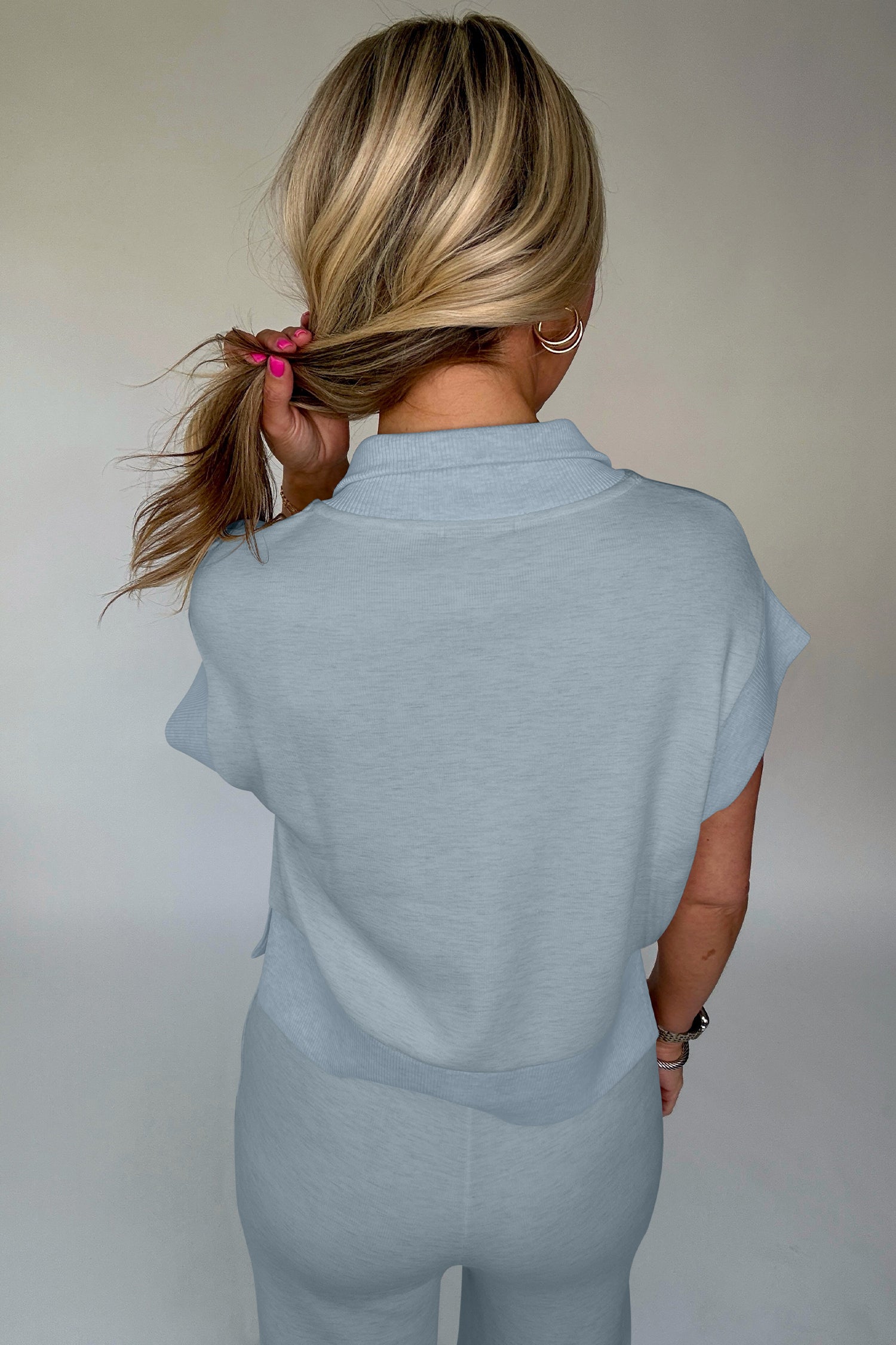 Half Zip Polo Tee & Casual Pant Set Grey Light Grey Beau Blue Women S-XL