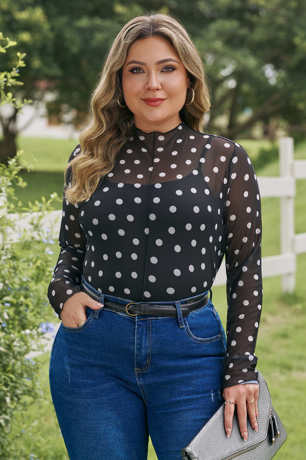 Black Plus Size Polka Dot Mock Neck Long Sleeve Mesh Top