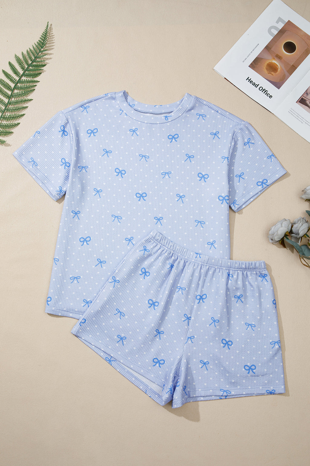 Sky Blue Tiny Heart & Bow Print Twisted Rib Loose 2pcs Short Set