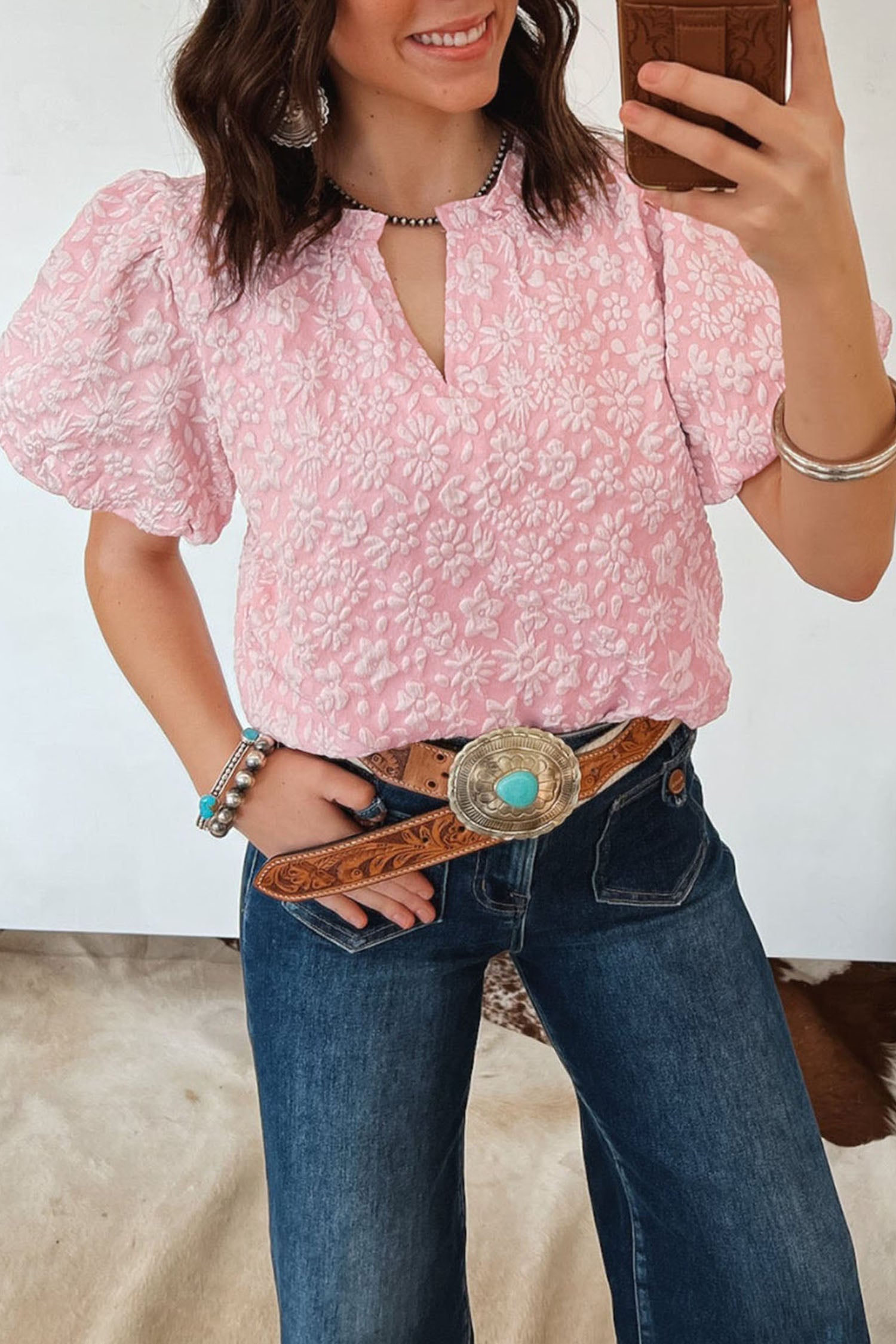 Floral Textured Jacquard Puff Sleeve Blouse Iceland Blue Beige Apricot Pink S-XL
