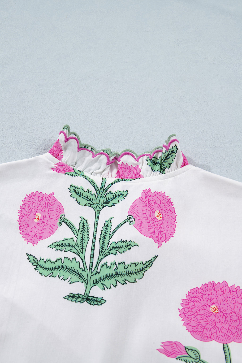 Wild Floral Mini Dress Scalloped Embroidery Trim V Neck Drop Waist White Sky Blue S-XL