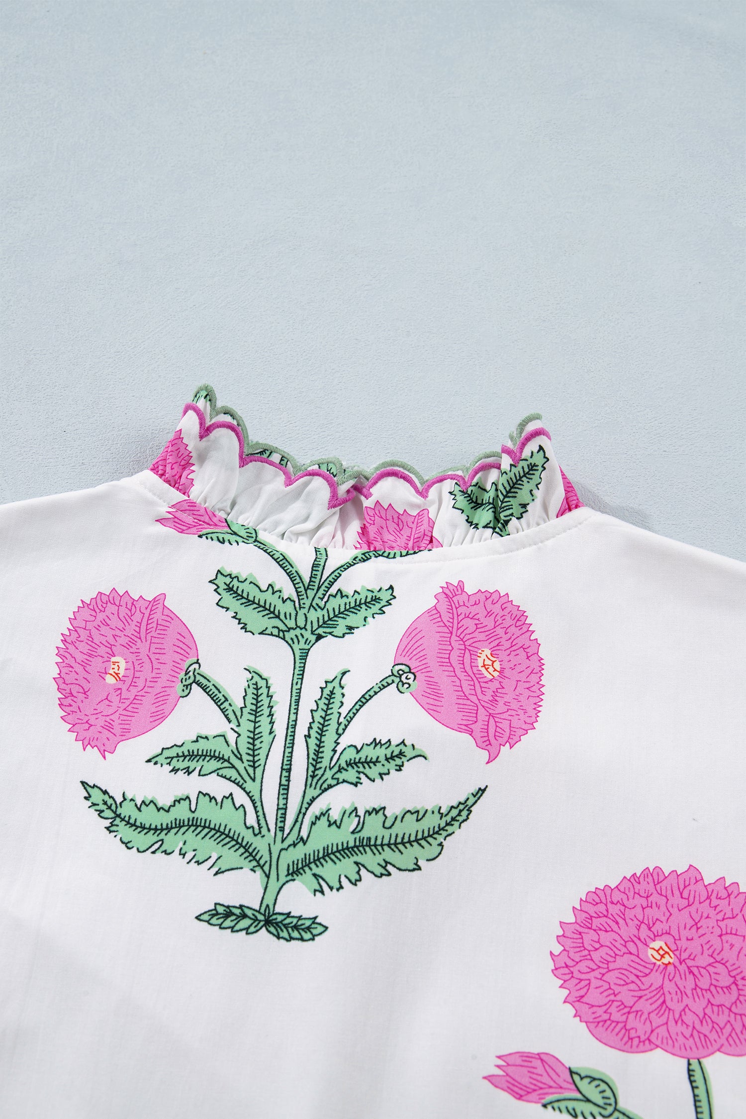 Wild Floral Mini Dress Scalloped Embroidery Trim V Neck Drop Waist White Sky Blue S-XL