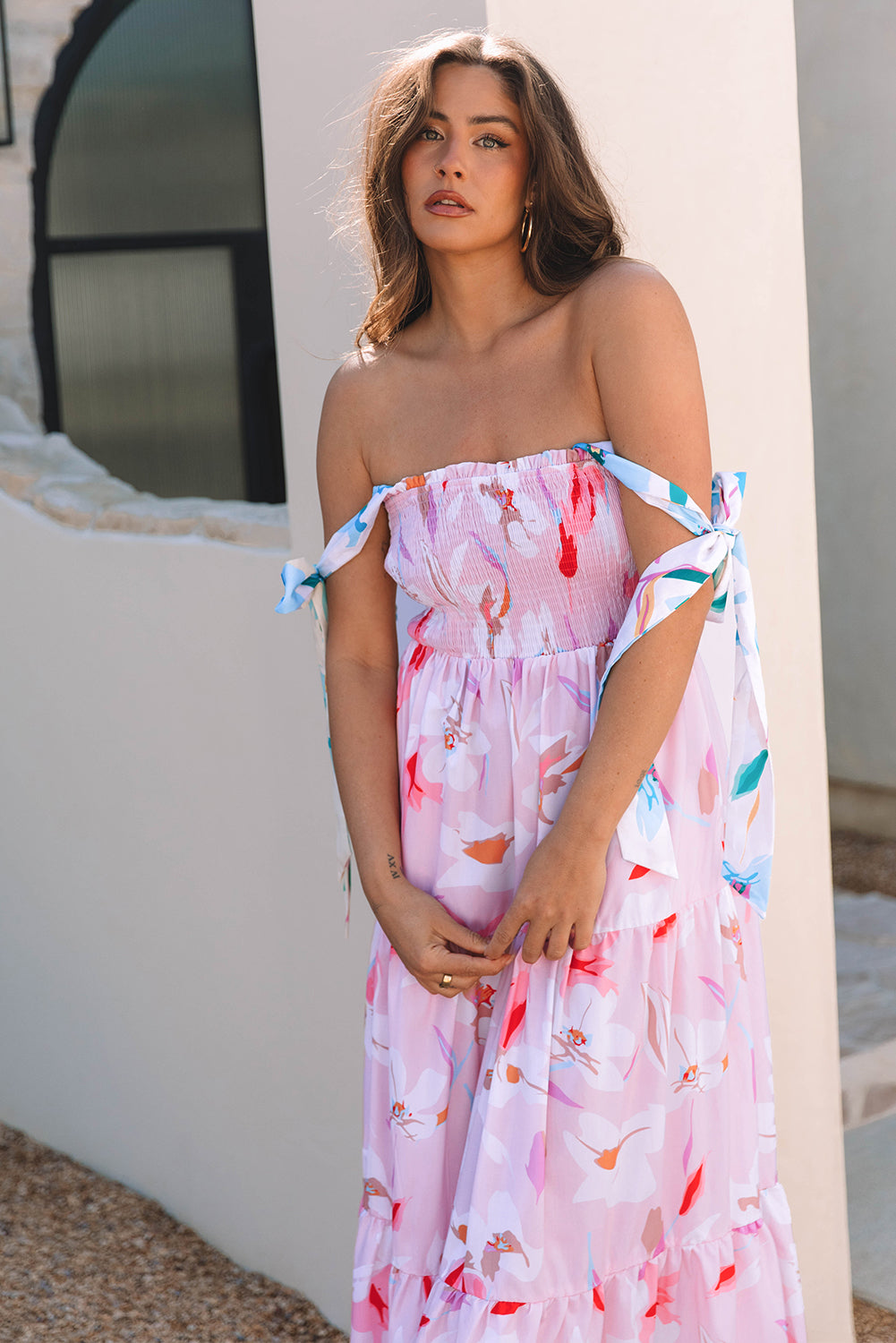 Women's Pink Floral Print Knotted Shoulder Smocked Maxi Dress Summer Boho Casual Sundress at LivelyLooks
