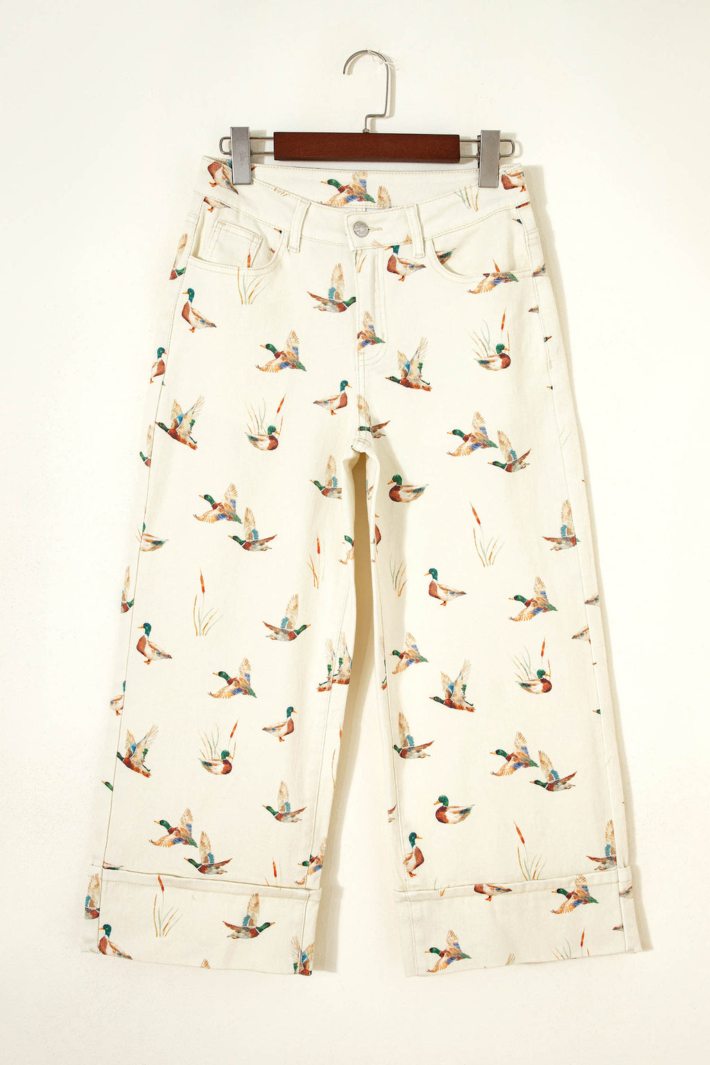 Women's Beige Mallard Print Cuffed Hem Shift Jeans Pockets Elastic UK 4-16 at LivelyLooks