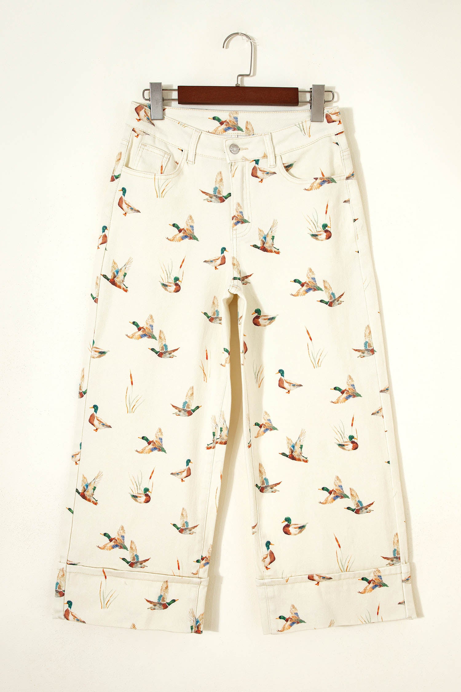 Women's Beige Mallard Print Cuffed Hem Shift Jeans Pockets Elastic UK 4-16 at LivelyLooks