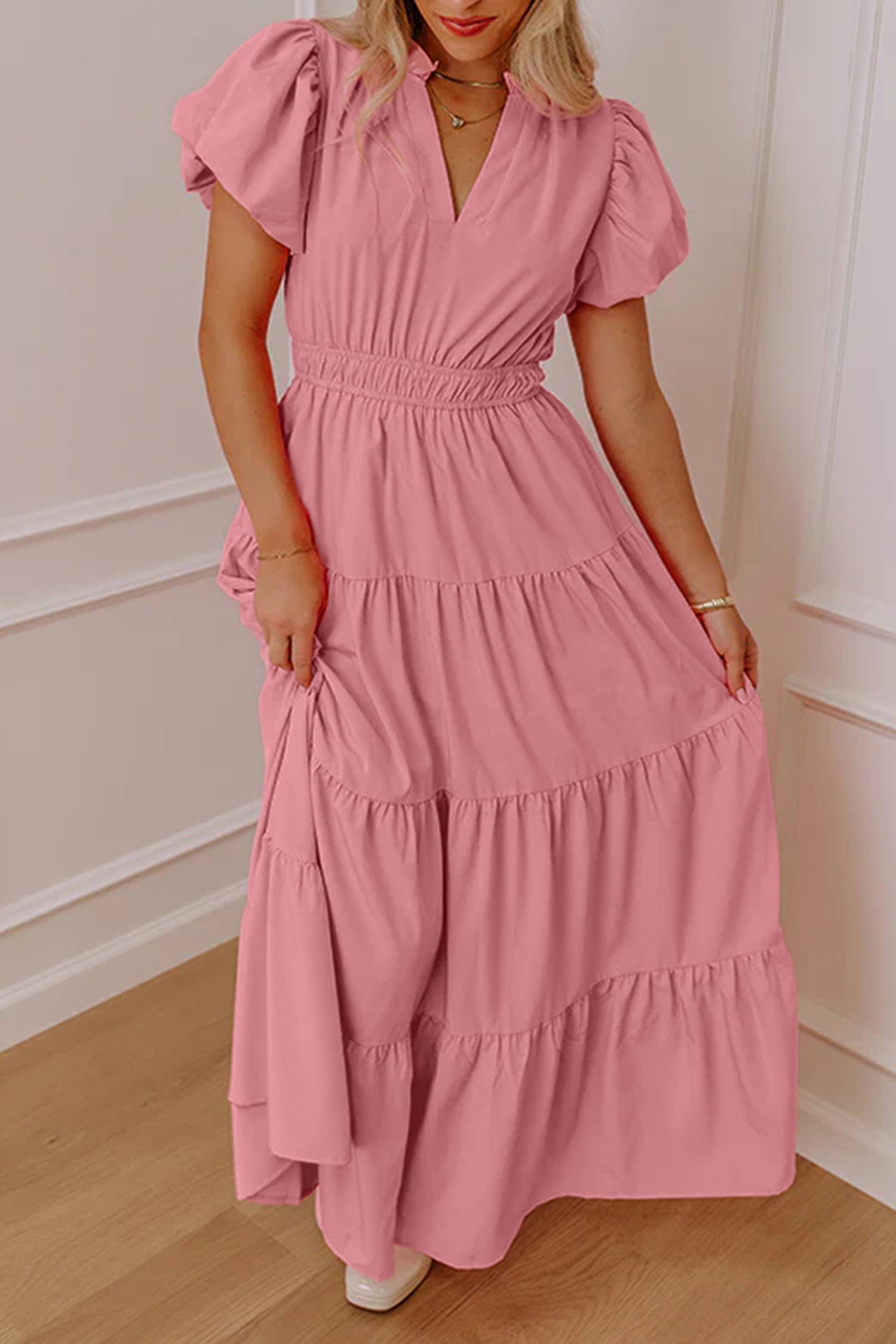 Women's Solid Colour V Neck Puff Sleeve High Waist Tiered Maxi Dress | S-XL at LivelyLooks
