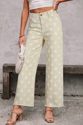 Khaki & Sky Blue Polka Dot Print Raw Hem High-Waist Shift Jeans | Sizes 4–16