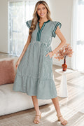 Stripe Double Ruffle Sleeve V-Neck Midi Dress | Green, Brown & Black