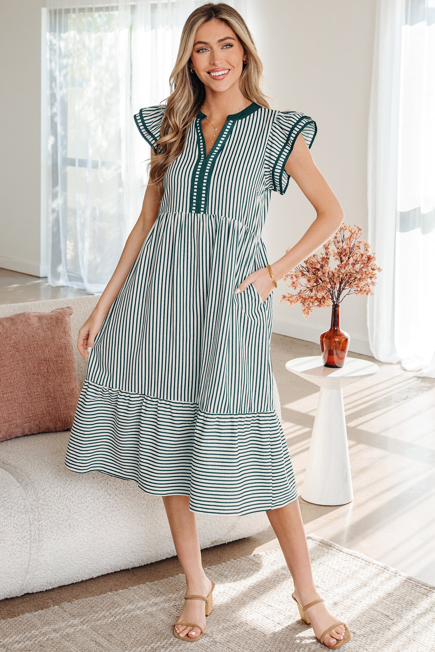 Stripe Double Ruffle Sleeve V-Neck Midi Dress | Green, Brown & Black