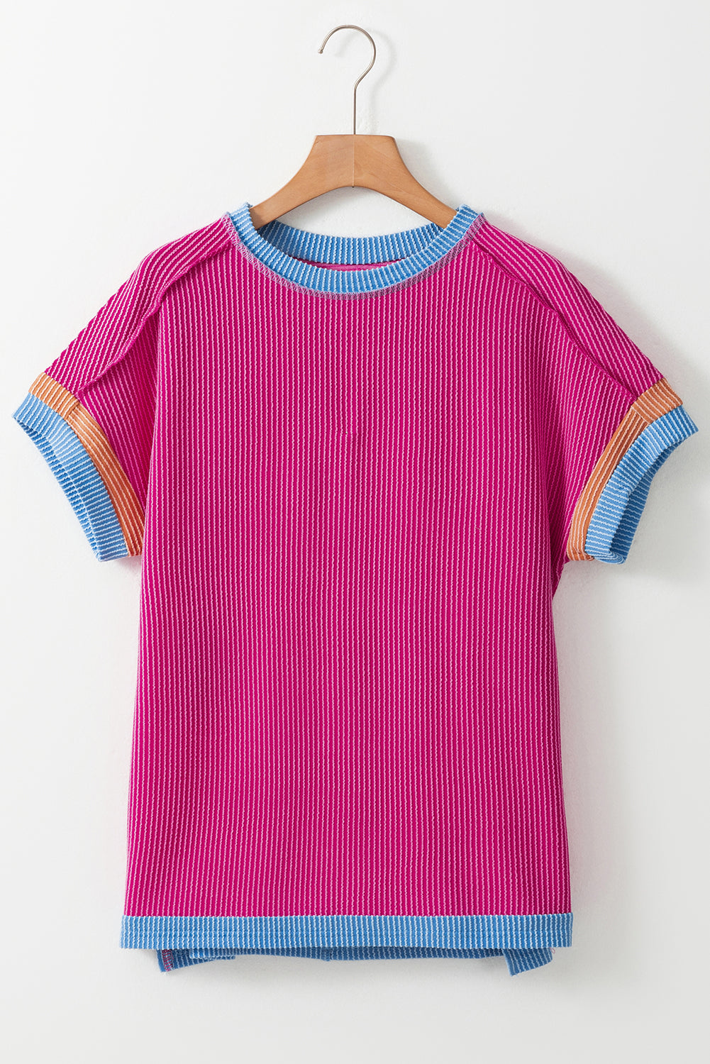 Light Pink Textured Contrast Trim Round Neck T-Shirt