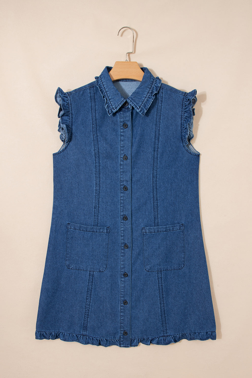 Sail Blue Ruffled Collar Shift Denim Dress with Pockets