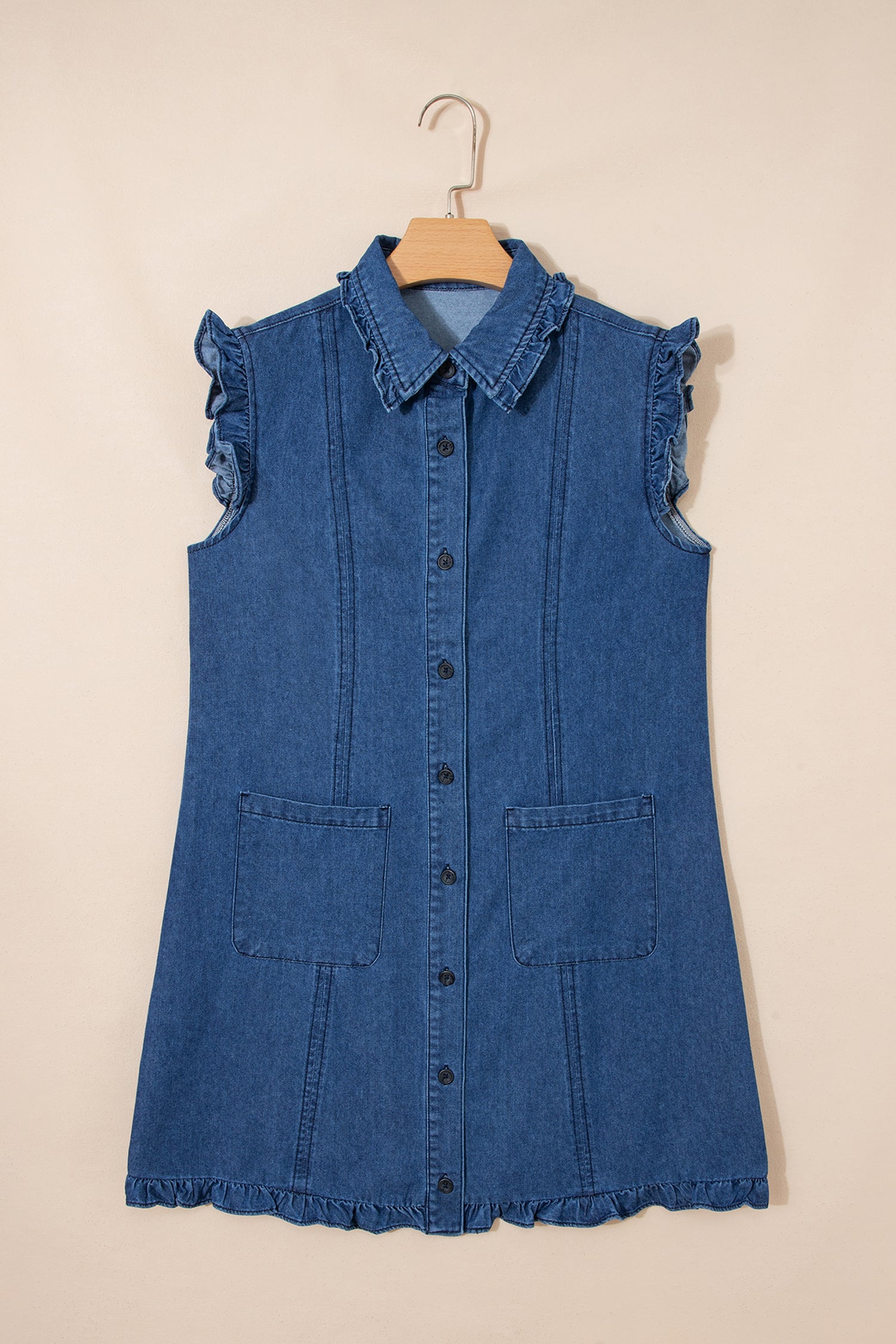 Sail Blue Ruffled Collar Shift Denim Dress with Pockets
