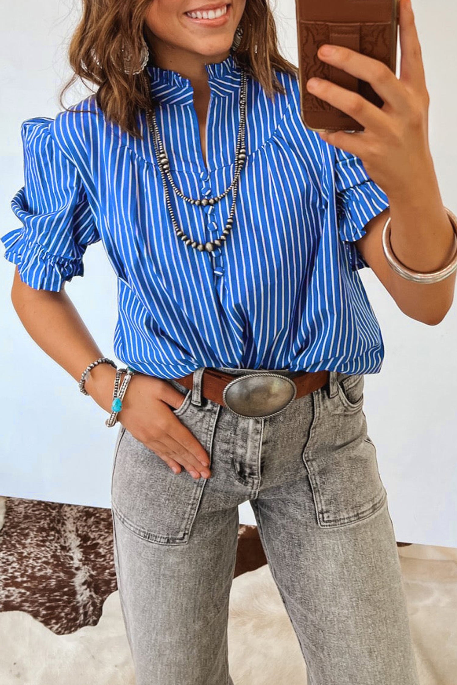 Blue Stripe Puff Sleeve Blouse Ruffle Collar Button Front S-XL