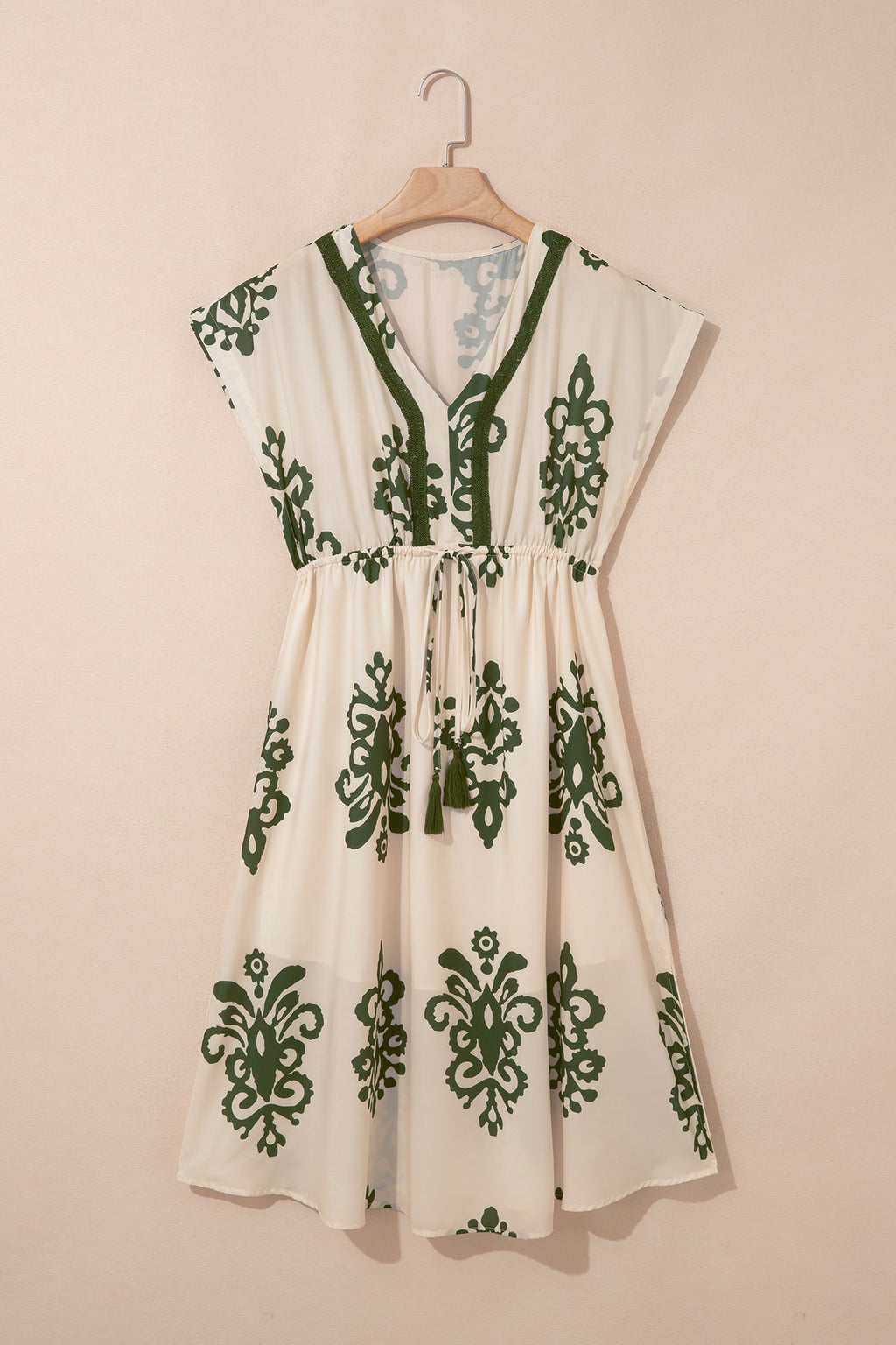 Abstract Print Embroidered V-Neck Dolman Sleeve Boho Midi Dress | Green & Apricot