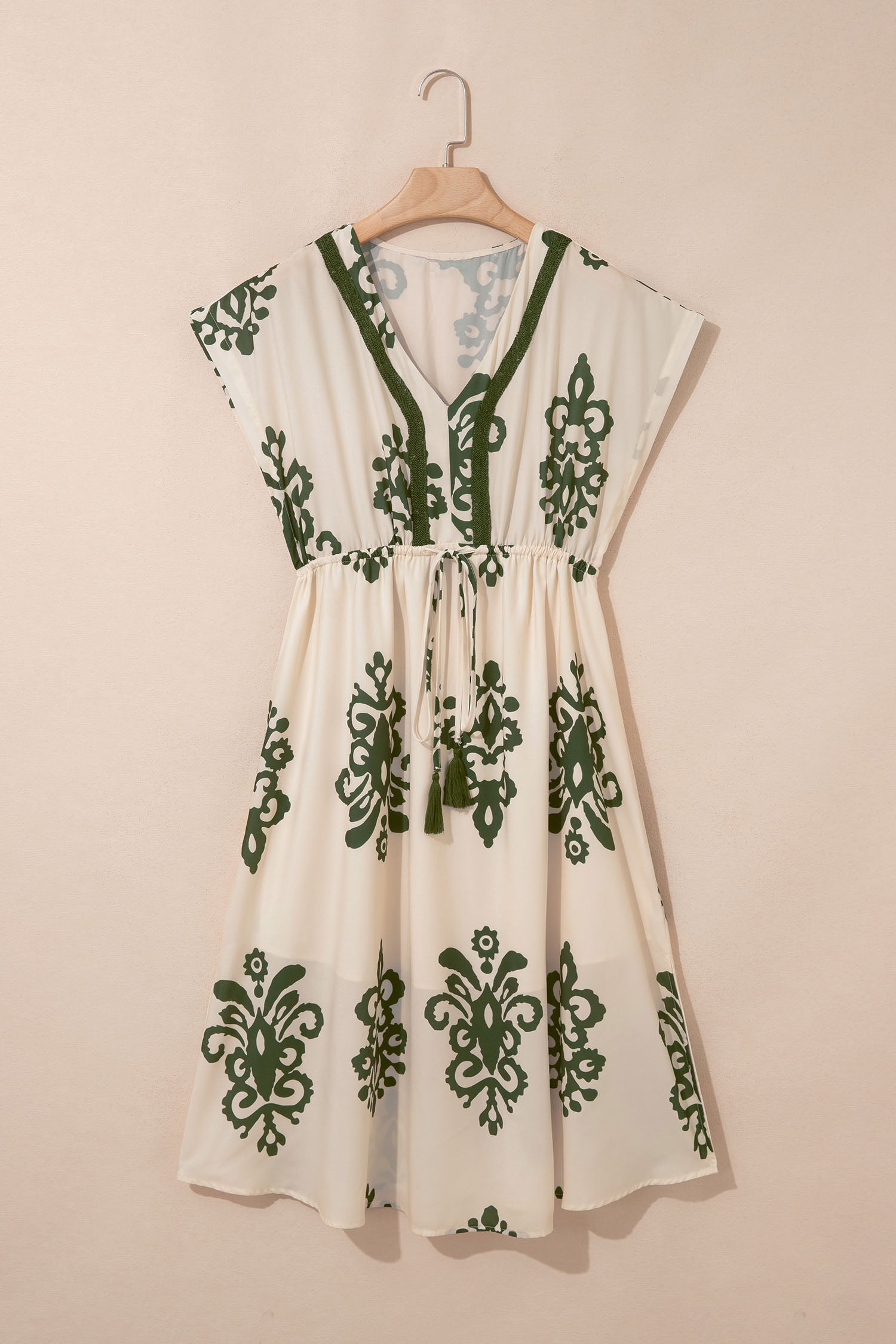 Abstract Print Embroidered V-Neck Dolman Sleeve Boho Midi Dress | Green & Apricot