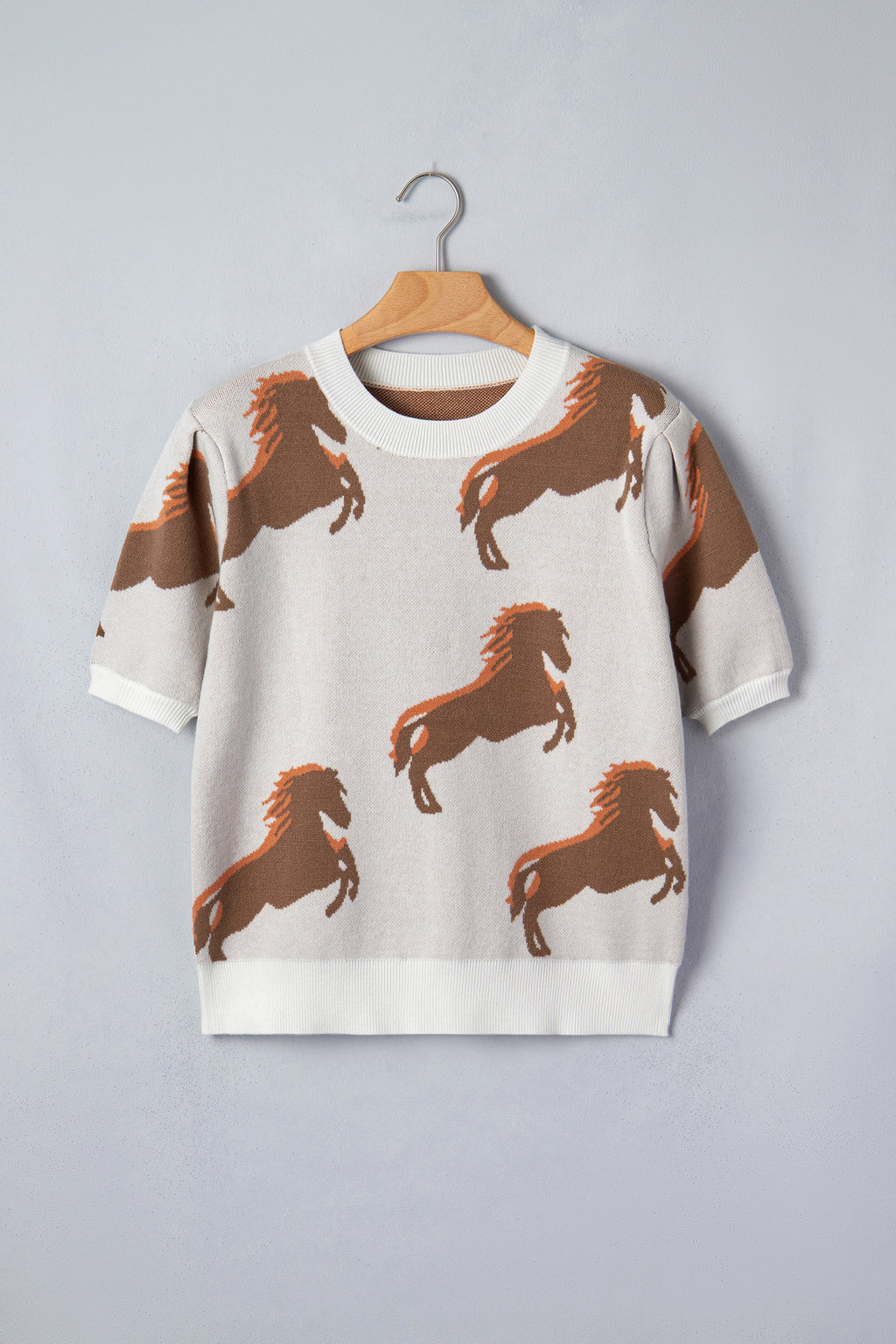 White Western Horse Print Sweater Short Puff Sleeve Women S-XL