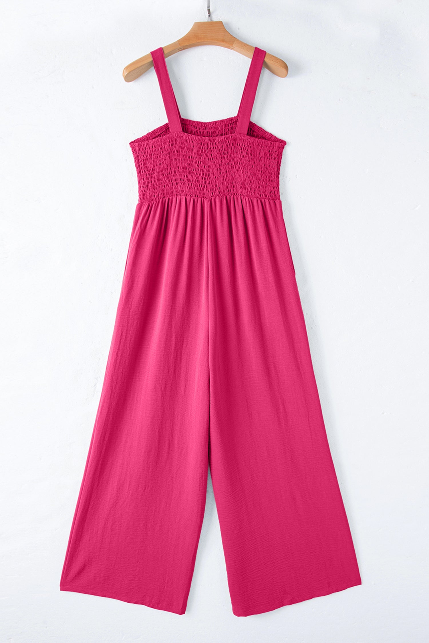 Women's Rose Red Smocked Square Neck Sleeveless Jumpsuit with Pockets at LivelyLooks