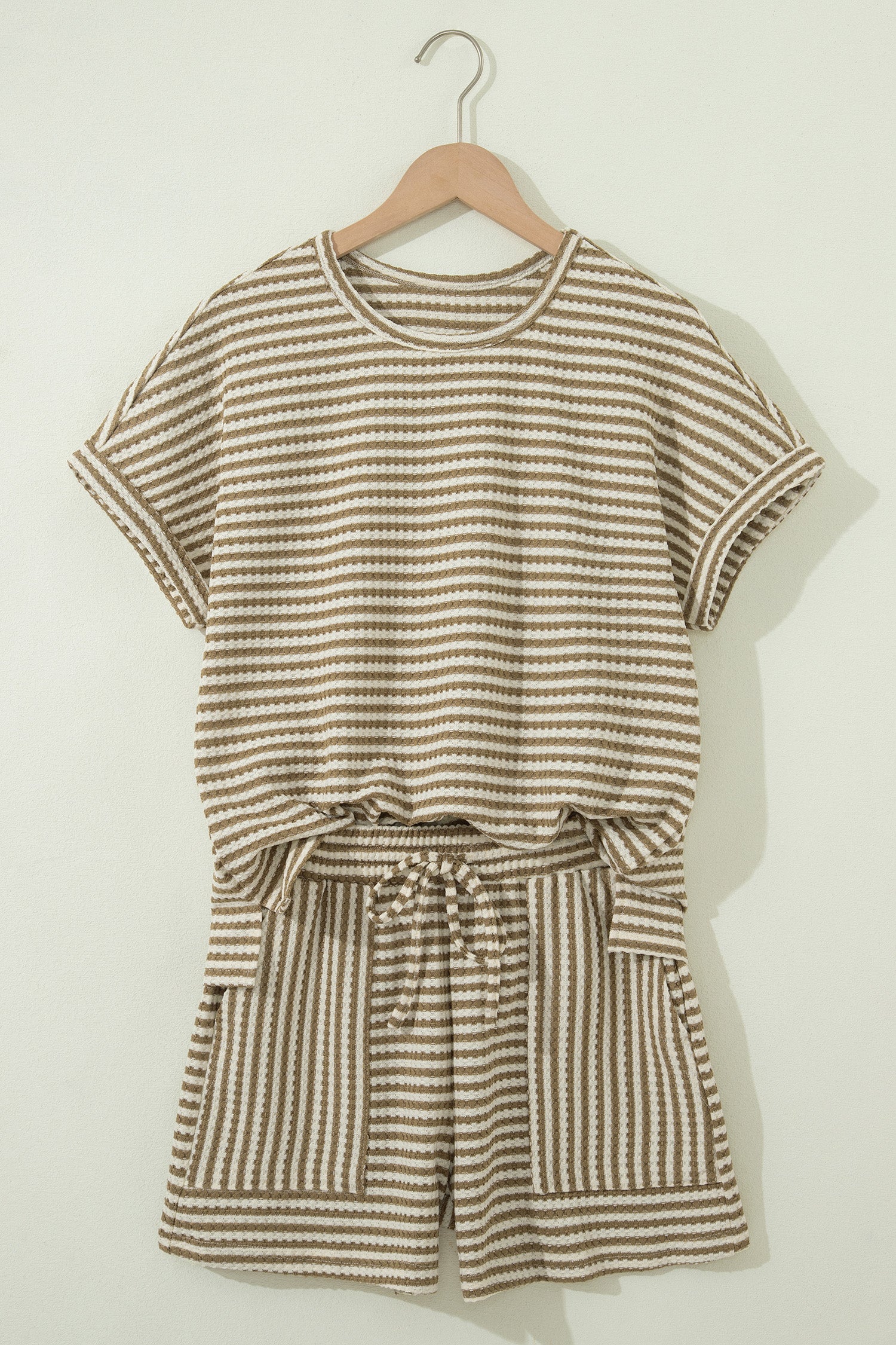Stripe Textured Knit Top & Shorts Co-ord Set | Brown, Black & Purple