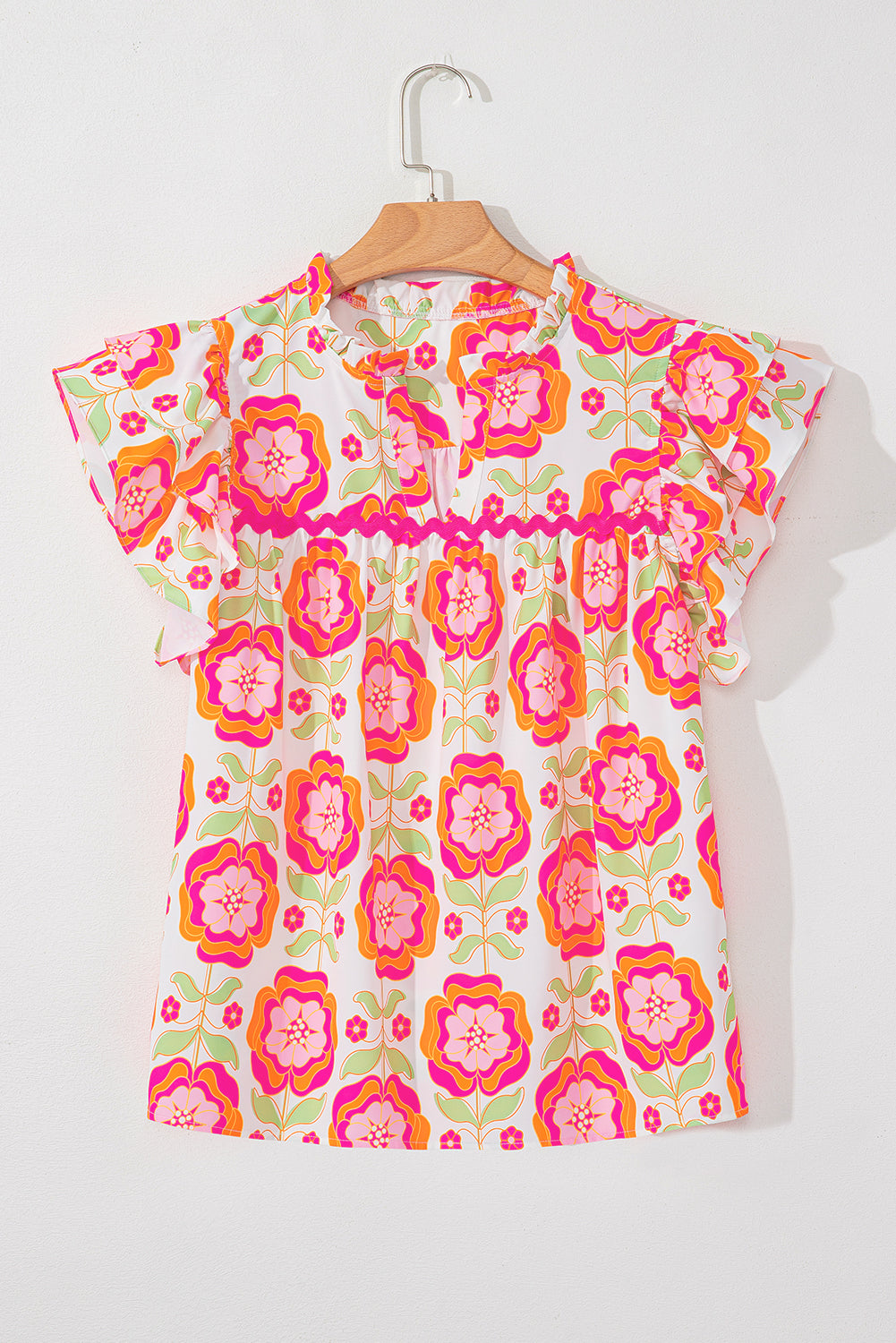 Shop Pink Floral Ruffled Sleeve Ric-rac Trim Split Neck Loose Blouse Summer Holiday Top at LivelyLooks