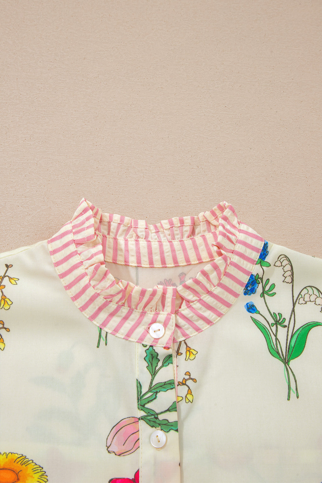 Floral Striped Ruffled Collar Shirt Short Sleeve Beige Sky Blue UK 8-22