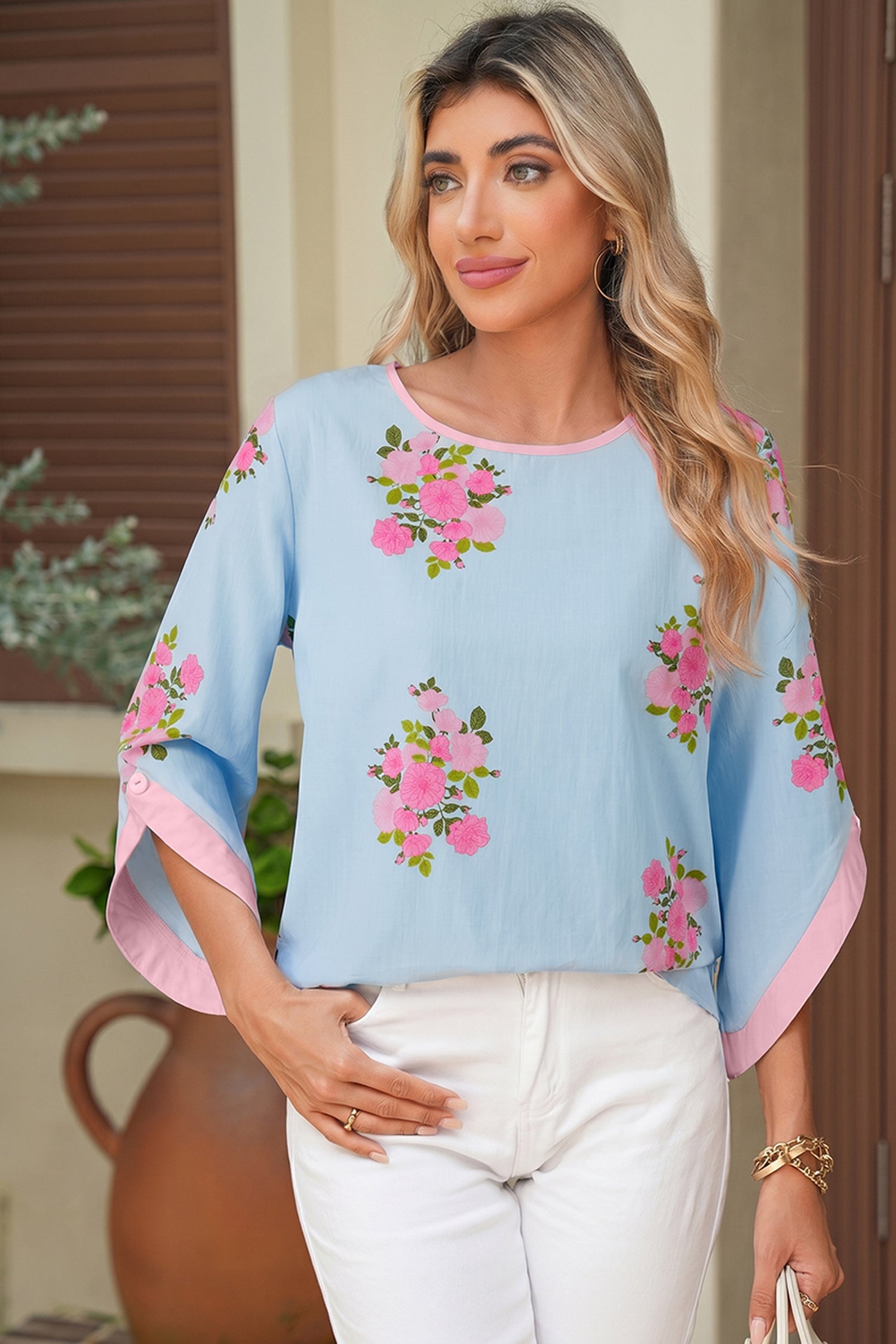Women's Sky Blue Floral Print Button Cuff 3/4 Sleeve Round Neck Blouse at LivelyLooks
