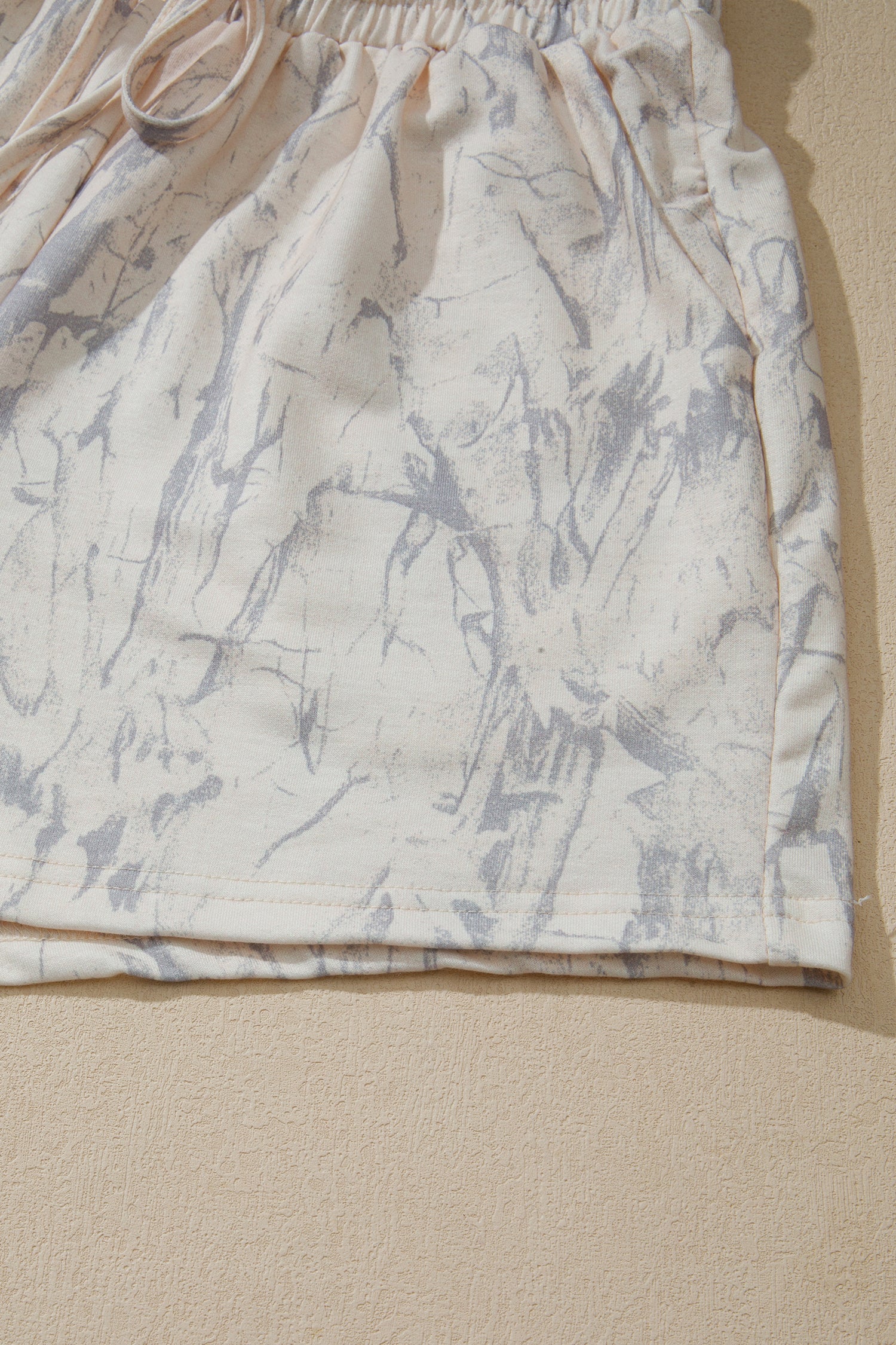 Abstract Print V-Neck Loose Tee & Drawstring Shorts Co-ord | Khaki & Pink