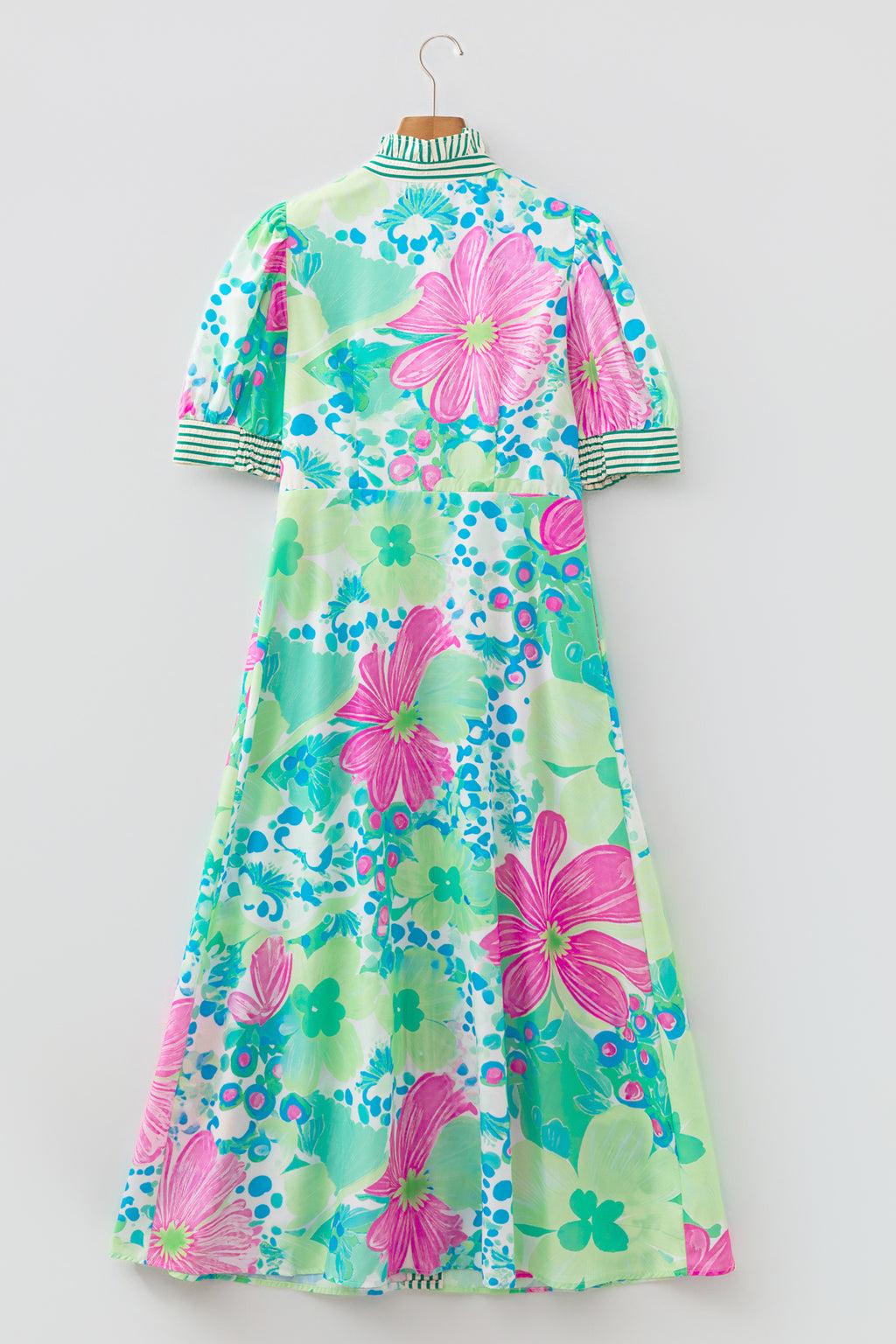 Floral Print Striped Trim Button Down Short Sleeve Vacation Dress | Green & Pink | UK 8–18