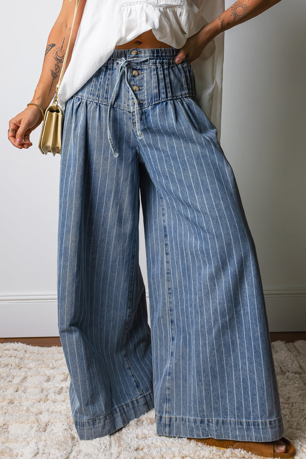 Shop Stripe Button Pleated Drawstring Waist Casual Wide Leg Jeans Denim Trousers Blue at LivelyLooks