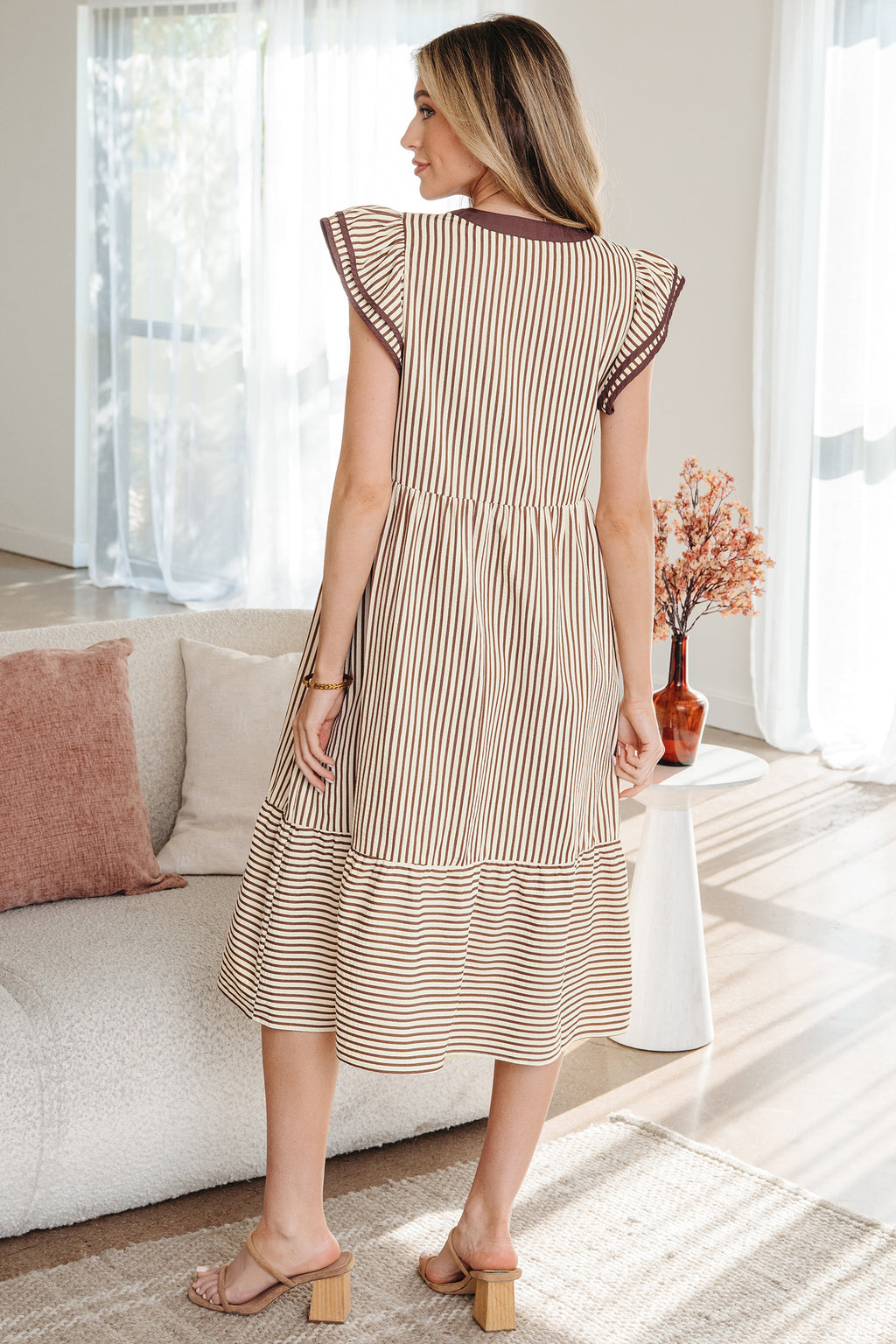 Stripe Double Ruffle Sleeve V-Neck Midi Dress | Green, Brown & Black