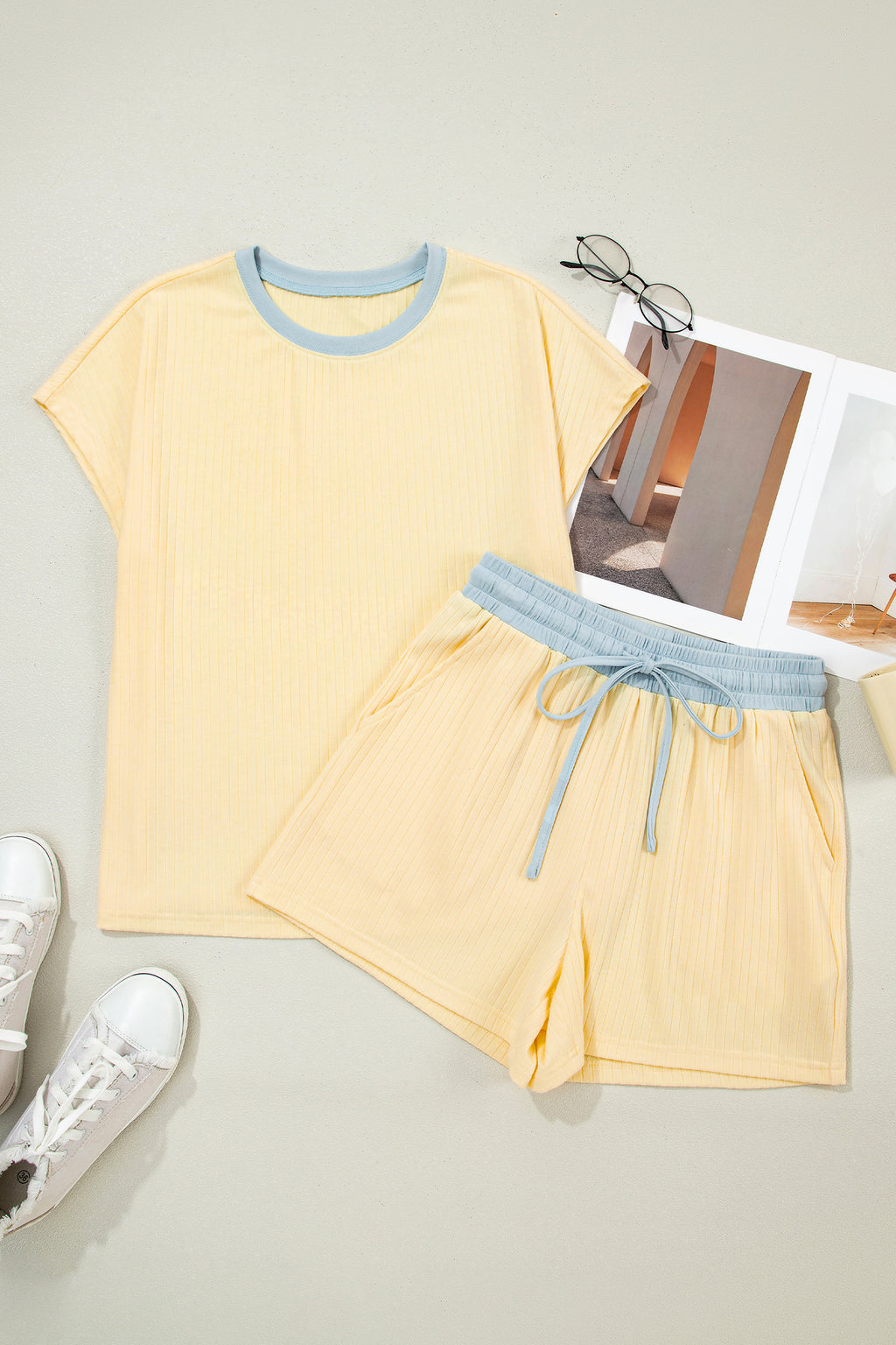 Mist Blue Ribbed Colour Block Tee & Shorts Co-ord Set