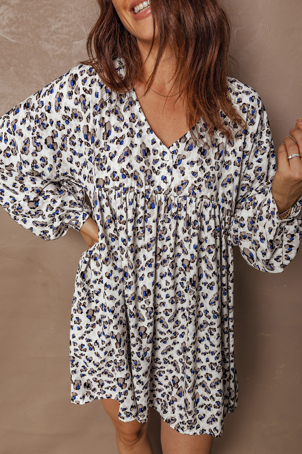 Women's Multicolour Leopard Print V Neck Button Detail Long Sleeve Mini Dress at LivelyLooks