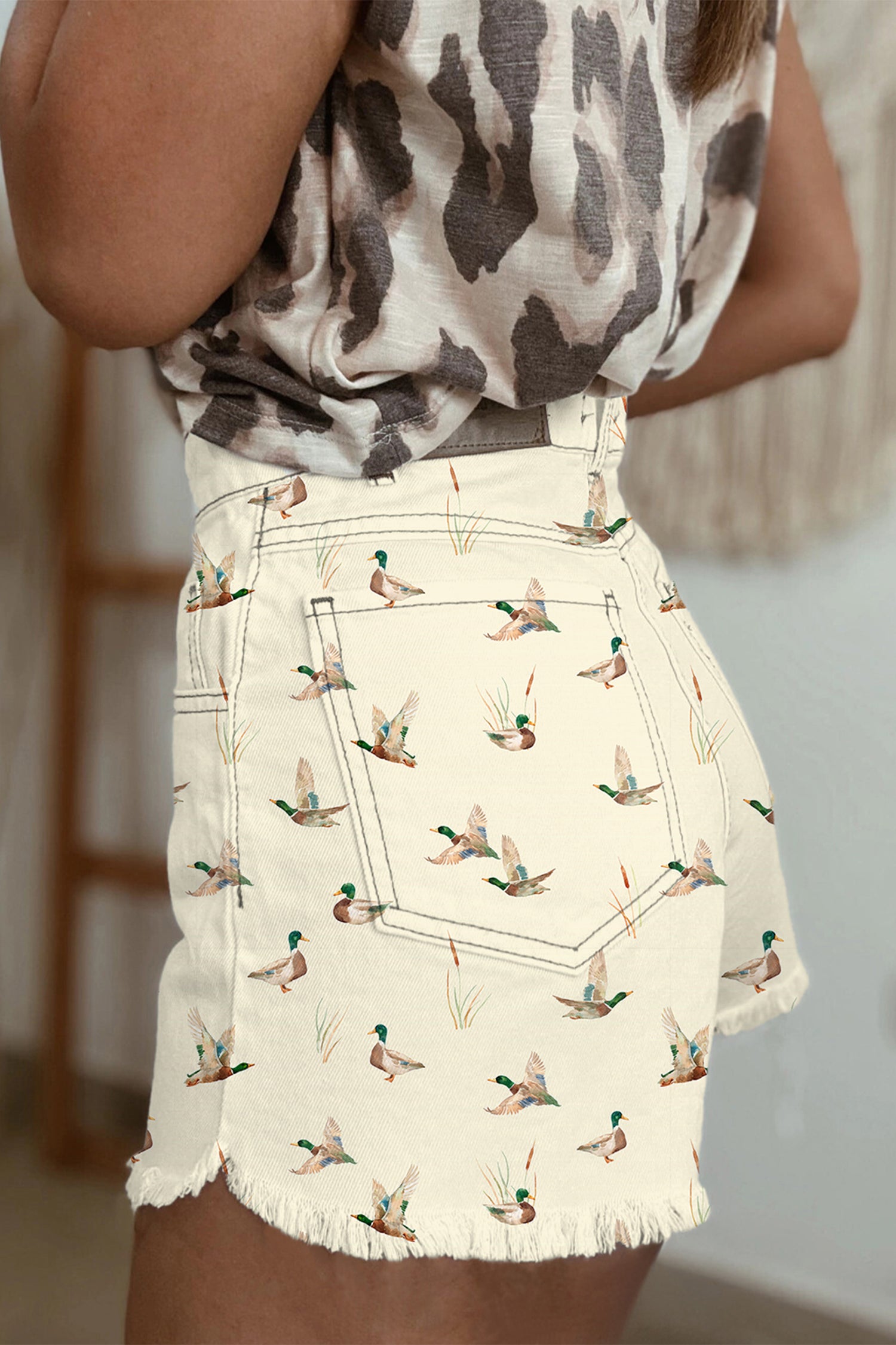 Beige Mallard Print High Waist Frayed Hem Denim Shorts UK 4-16