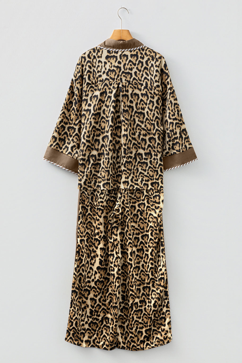 Brown Leopard Collared 3/4 Sleeve Shirt & Loose Pants Two Piece Set | UK 8–22