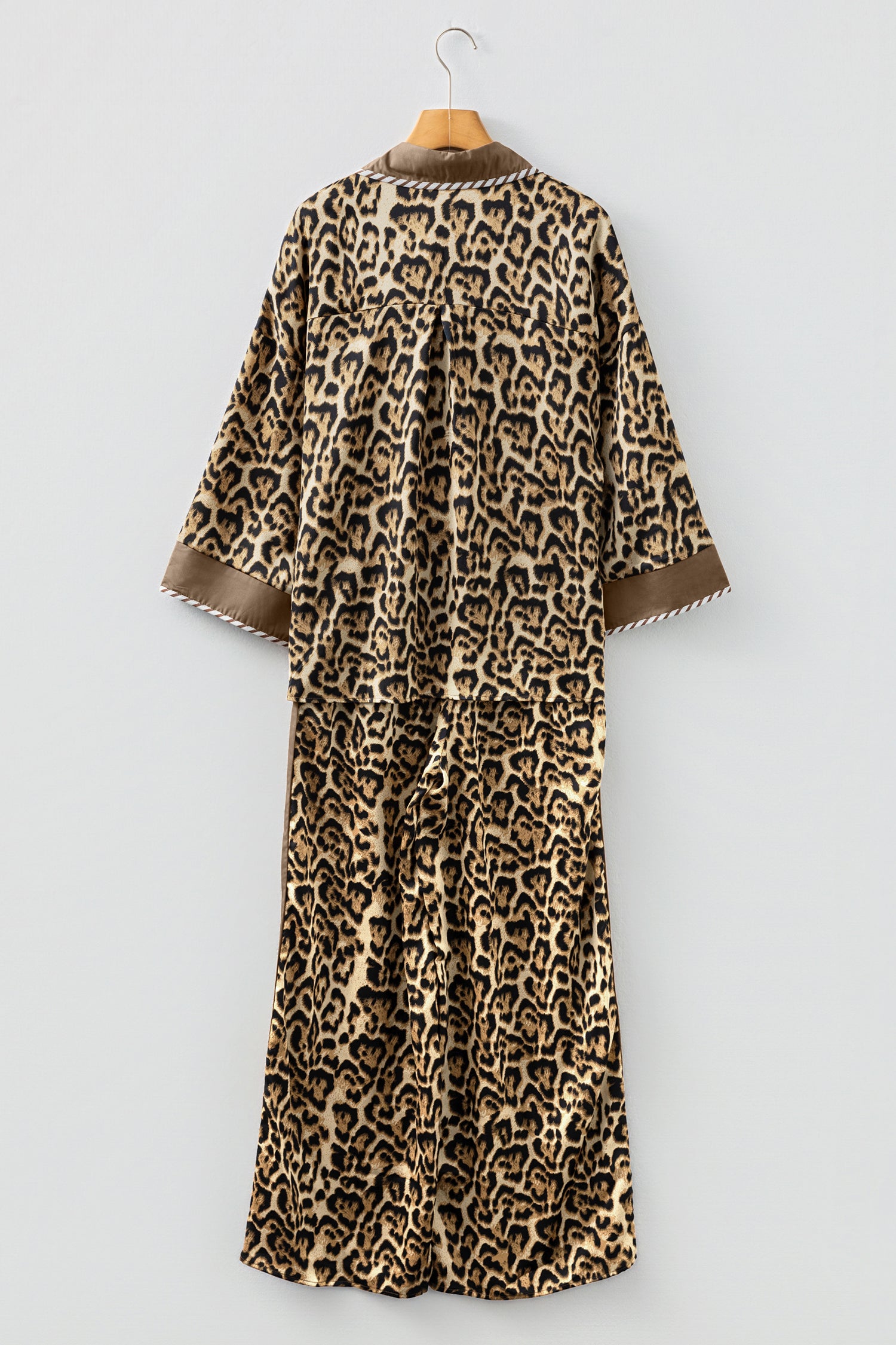 Brown Leopard Collared 3/4 Sleeve Shirt & Loose Pants Two Piece Set | UK 8–22